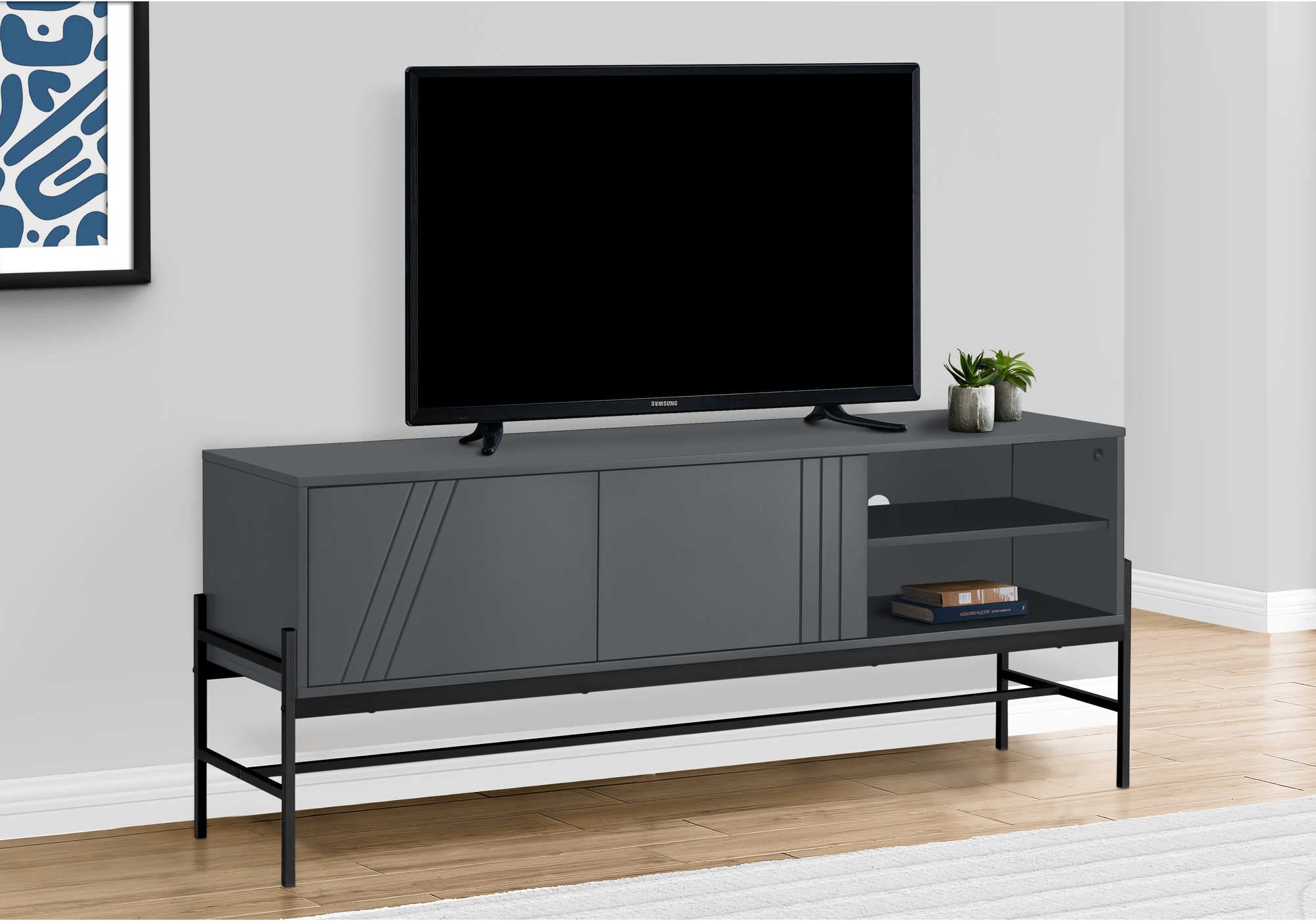 MEUBLE TV - 60"L / GRIS / MÉTAL NOIR AVEC RANGEMENT # I 2739