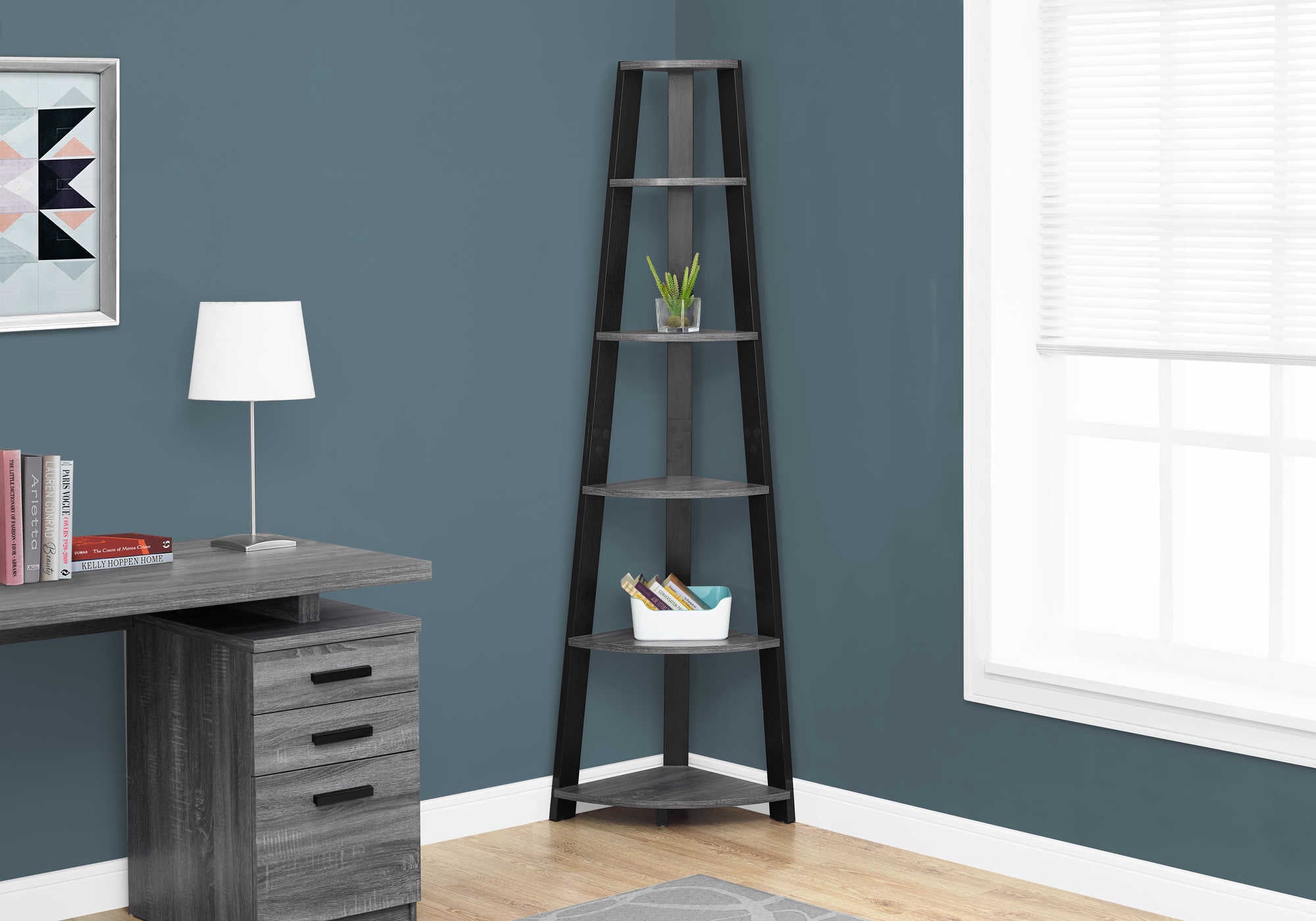 BOOKCASE - 72"H / GREY-BLACK CORNER ACCENT ETAGERE # I 2750