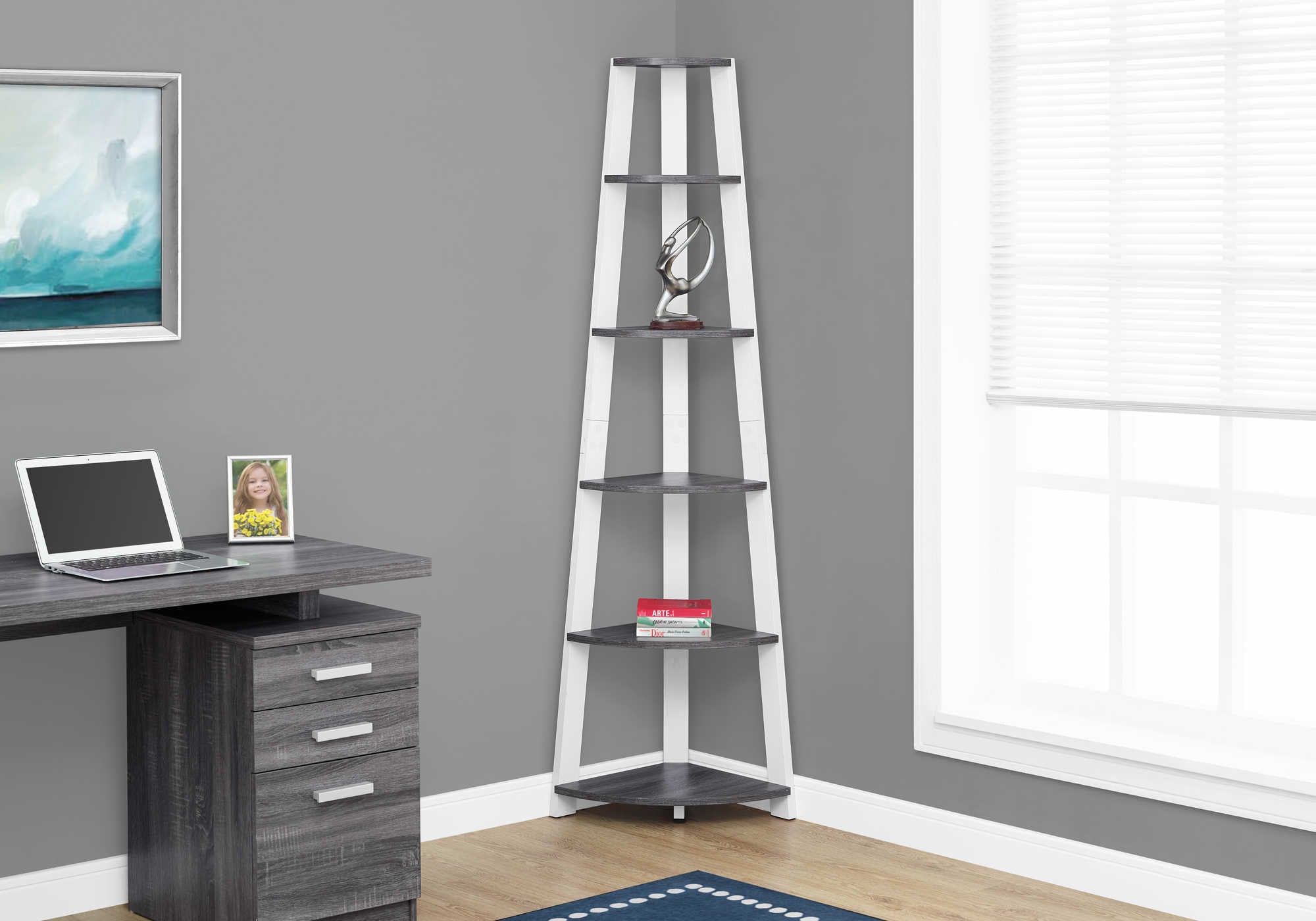 BOOKCASE - 72"H / GREY-WHITE CORNER ACCENT ETAGERE # I 2751