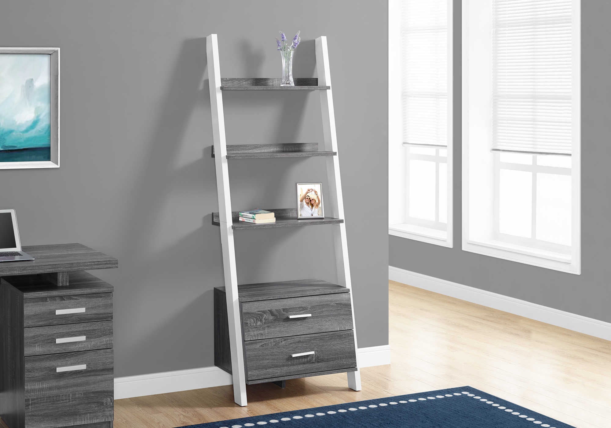 BOOKCASE - 69"H / GREY-WHITE LADDER WITH 2 STORAGE DRAWER # I 2756