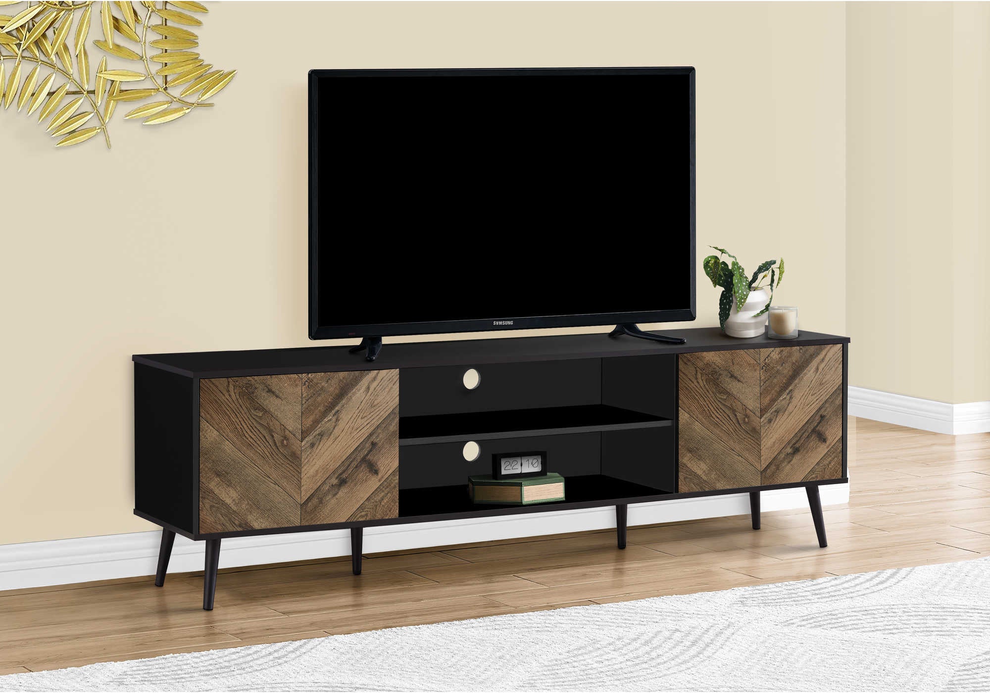 MEUBLE TÉLÉVISEUR - 72"L / NOIR AVEC 2 PORTES ASPECT BOIS # I 2781