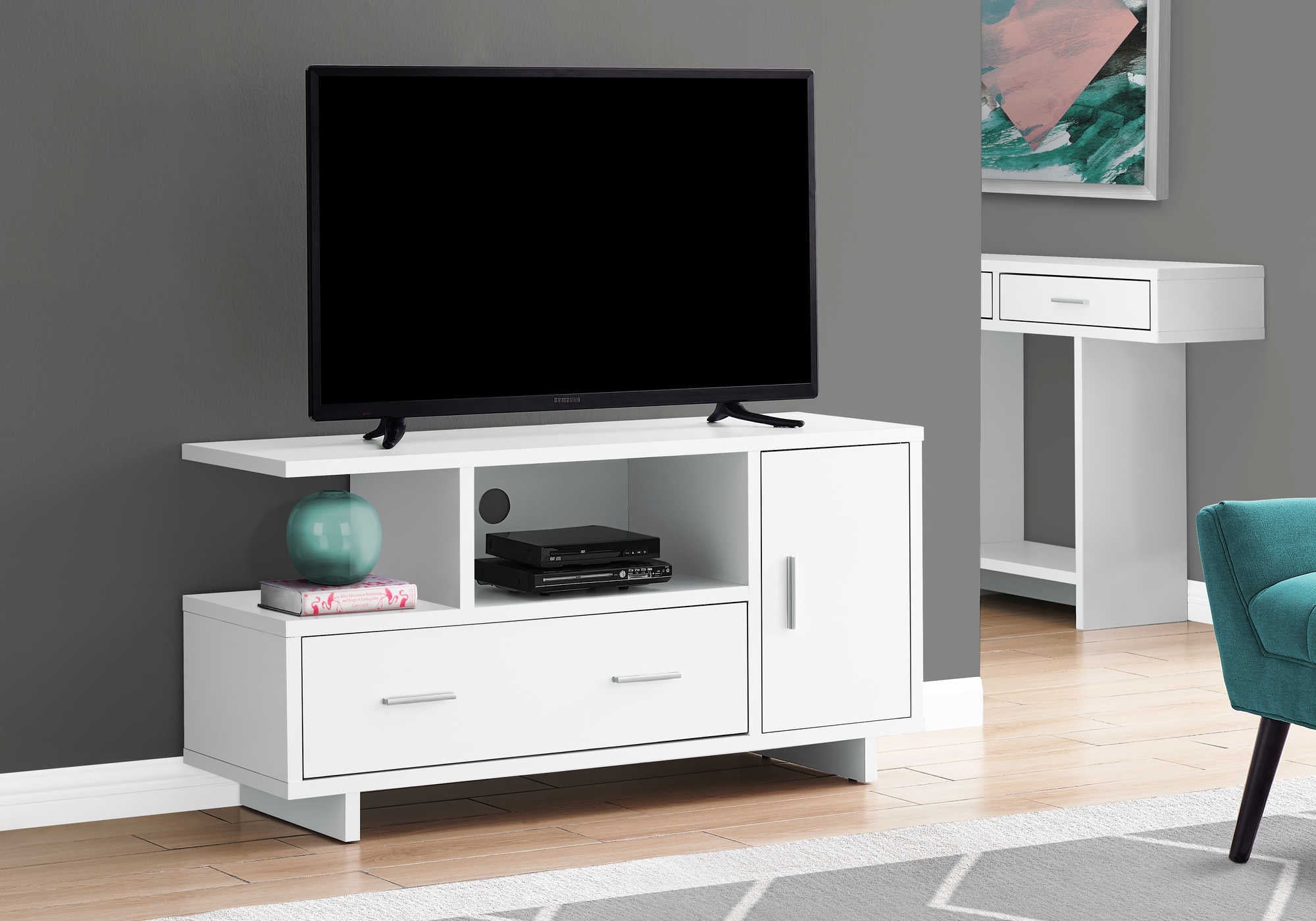 MEUBLE TV - 48"L / BLANC AVEC RANGEMENT # I 2800