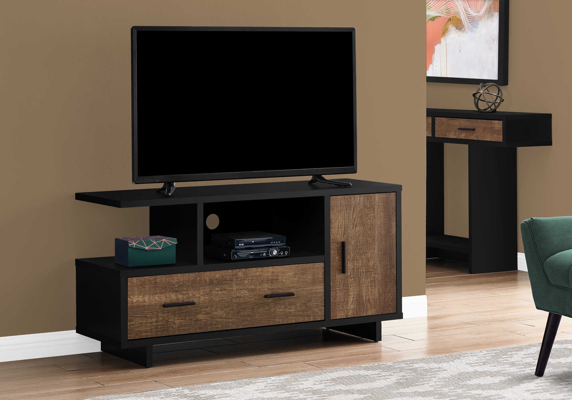 MEUBLE TÉLÉVISEUR - 48"L / NOIR / BRUN ASPECT BOIS RÉCUPÉRÉ # I 2803
