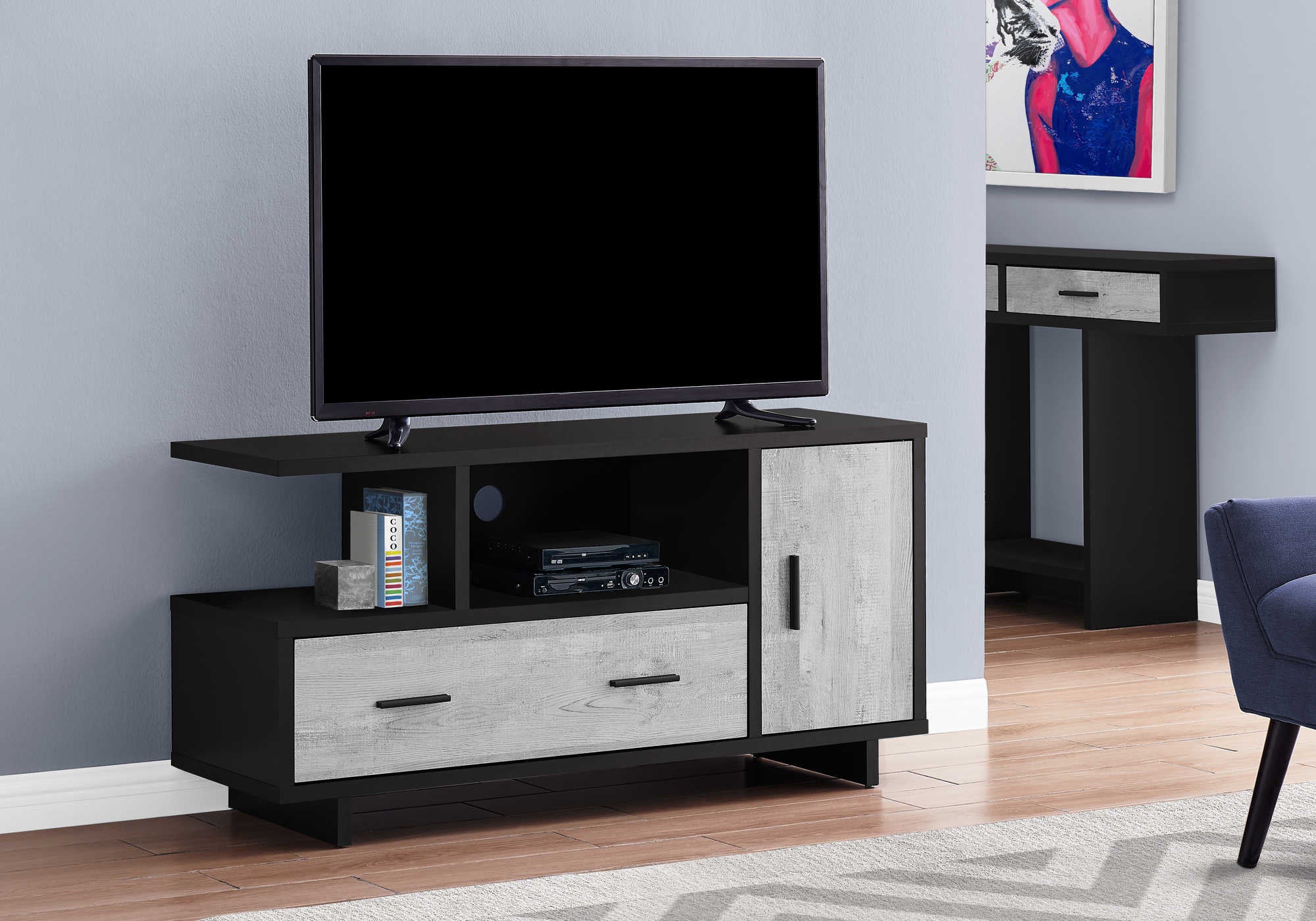 MEUBLE TÉLÉVISEUR - 48"L / NOIR / GRIS ASPECT BOIS RÉCUPÉRÉ # I 2804