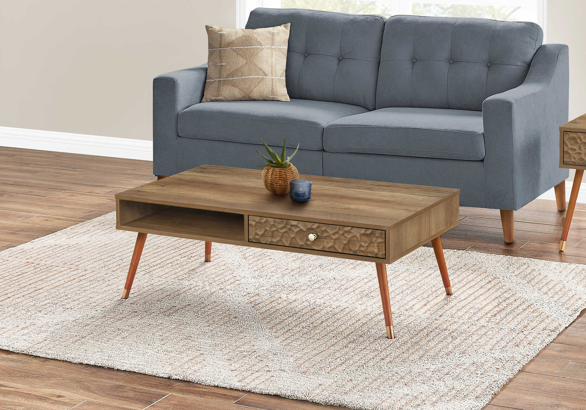COFFEE TABLE - WALNUT MID-CENTURY WITH A DRAWER # I 2836