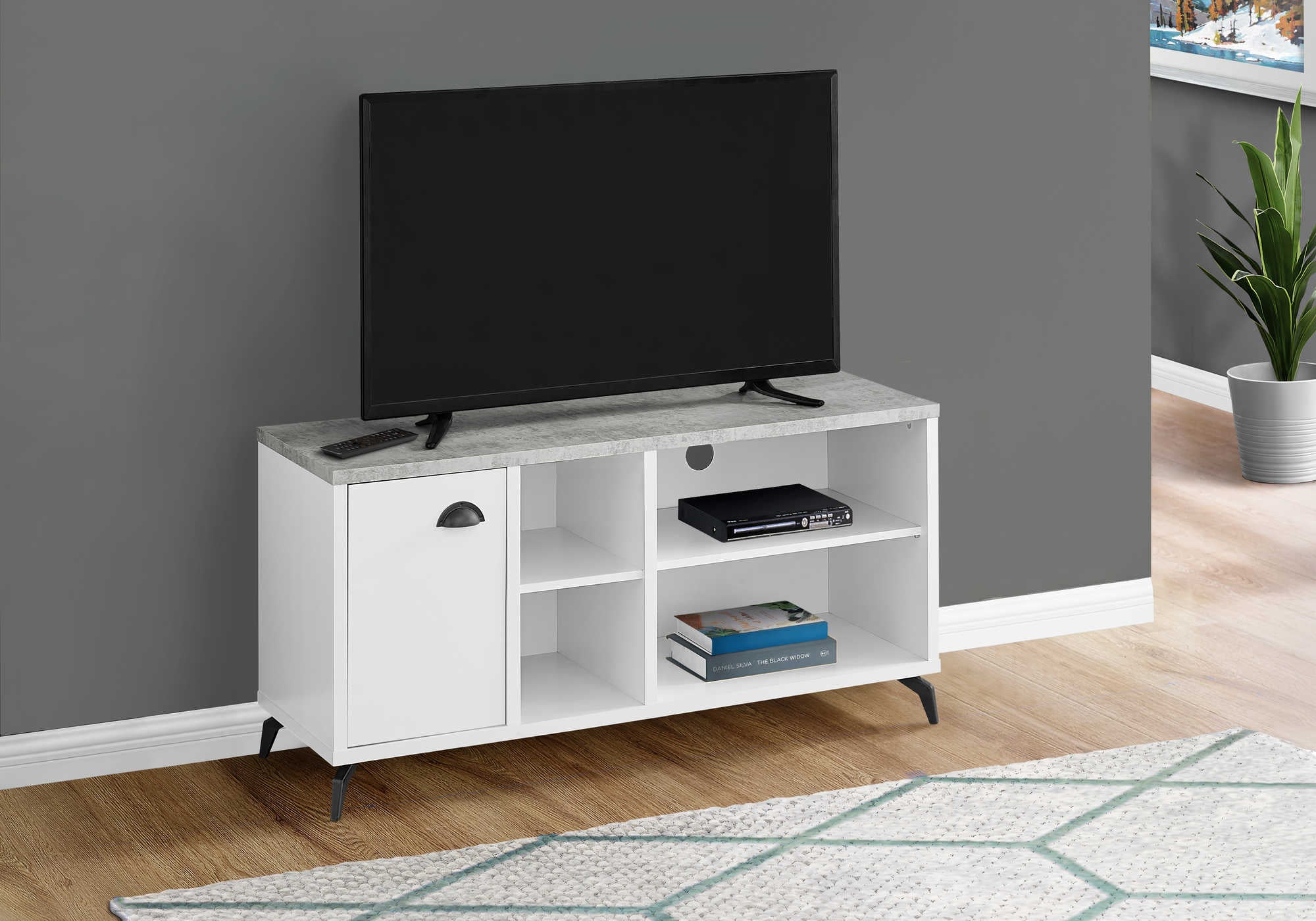MEUBLE TÉLÉVISEUR - 48"L / PLATEAU BLANC / GRIS ASPECT CIMENT # I 2840