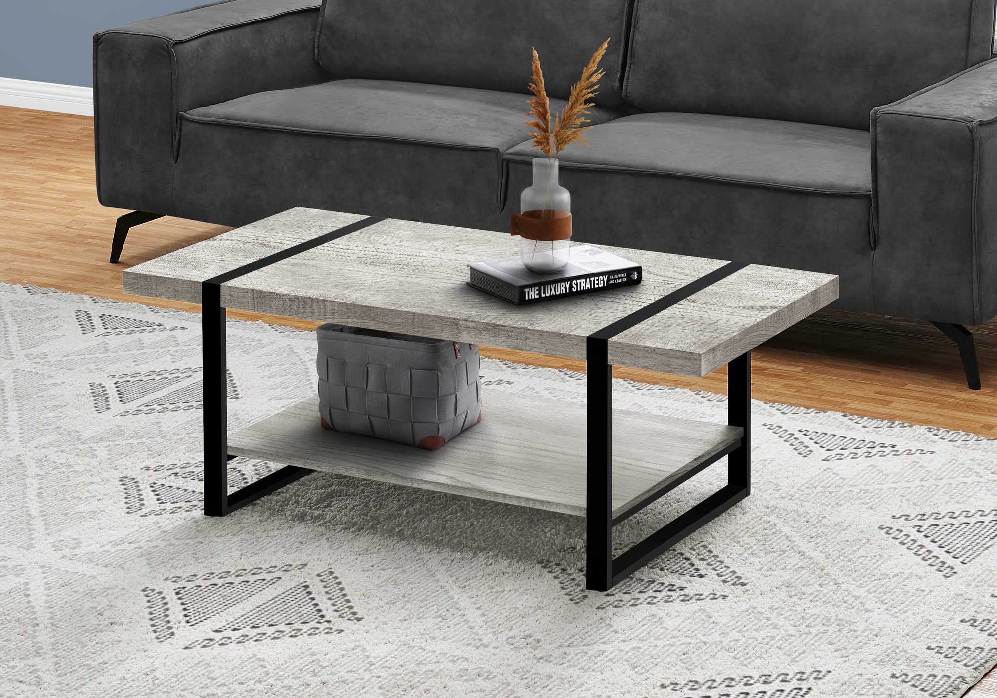COFFEE TABLE - GREY RECLAIMED WOOD-LOOK / BLACK METAL # I 2855
