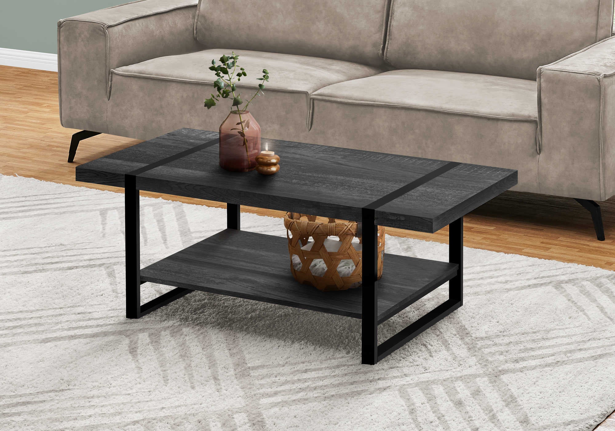 COFFEE TABLE - BLACK RECLAIMED WOOD-LOOK / BLACK METAL # I 2860