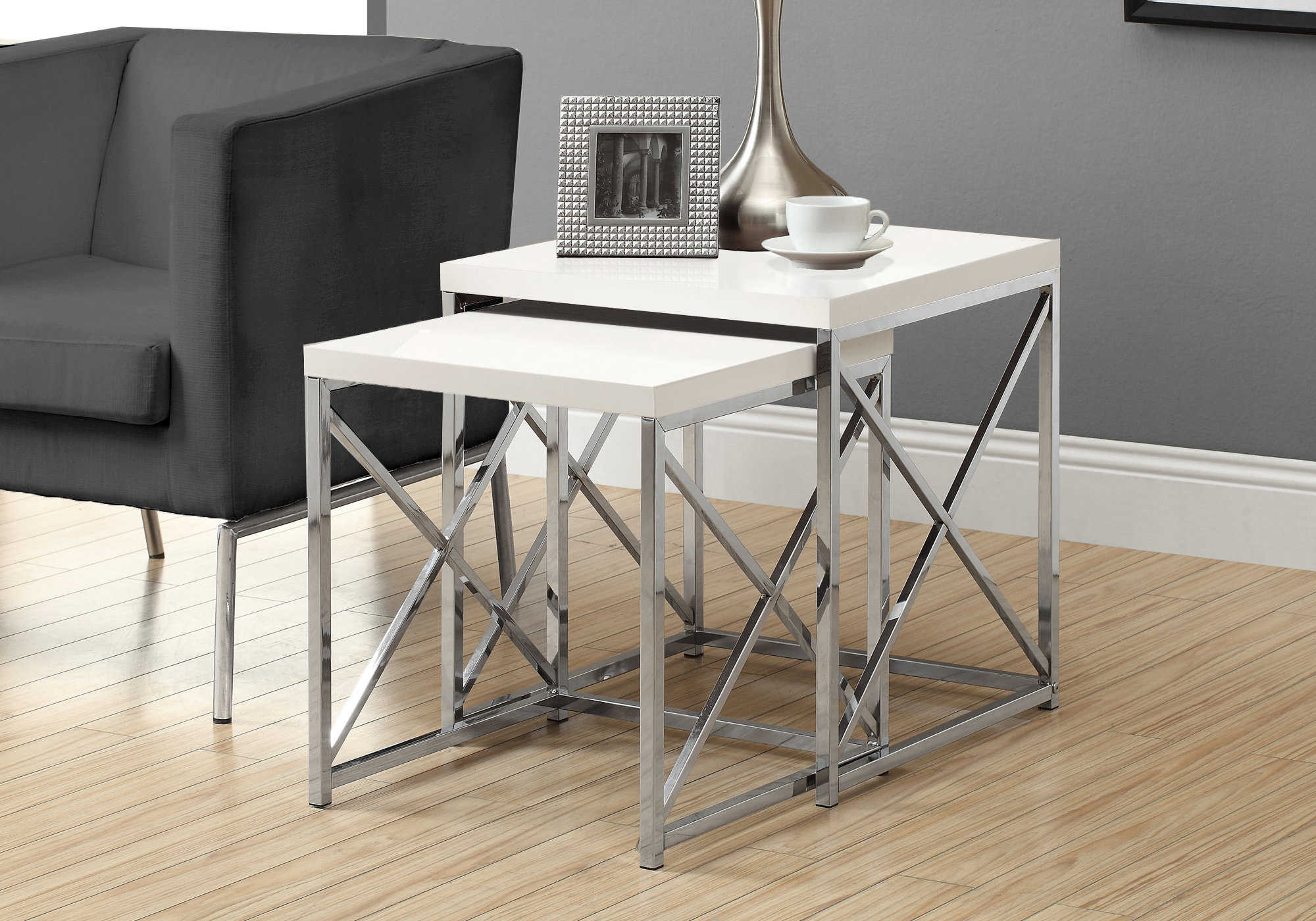 NESTING TABLE - 2PCS SET / GLOSSY WHITE / CHROME METAL # I 3025