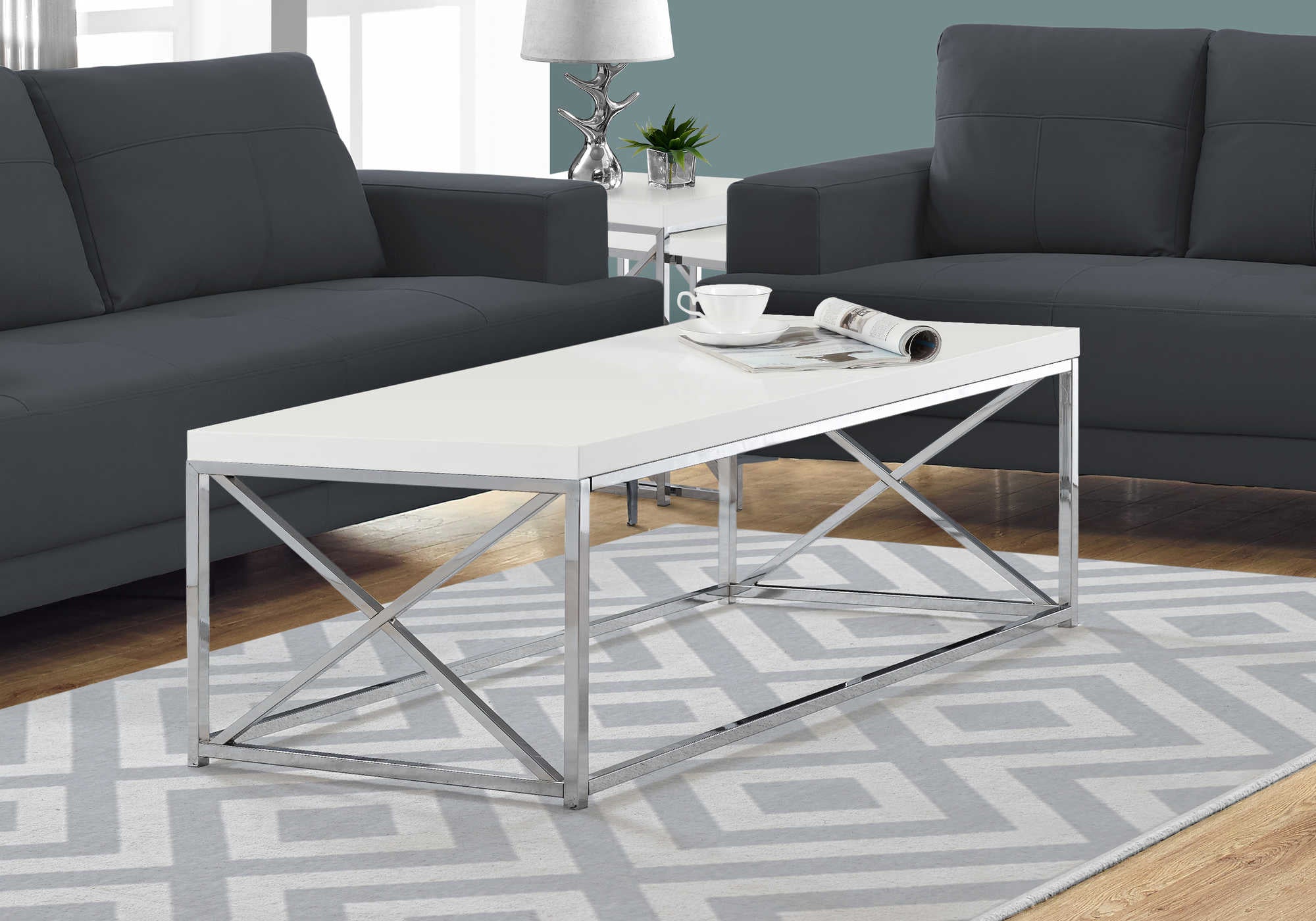 COFFEE TABLE - GLOSSY WHITE WITH CHROME METAL # I 3028