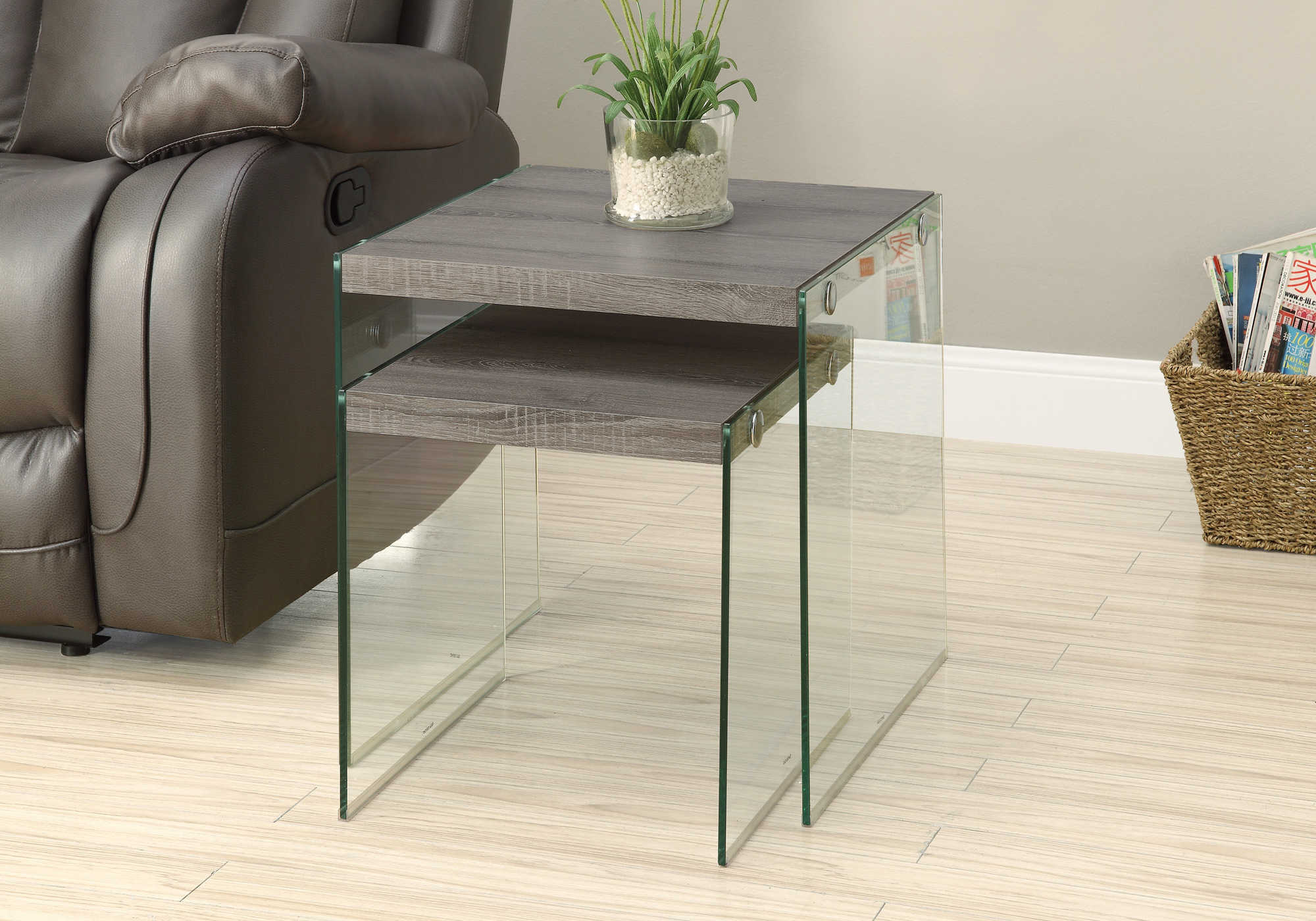 NESTING TABLE - 2PCS SET / DARK TAUPE / TEMPERED GLASS # I 3053