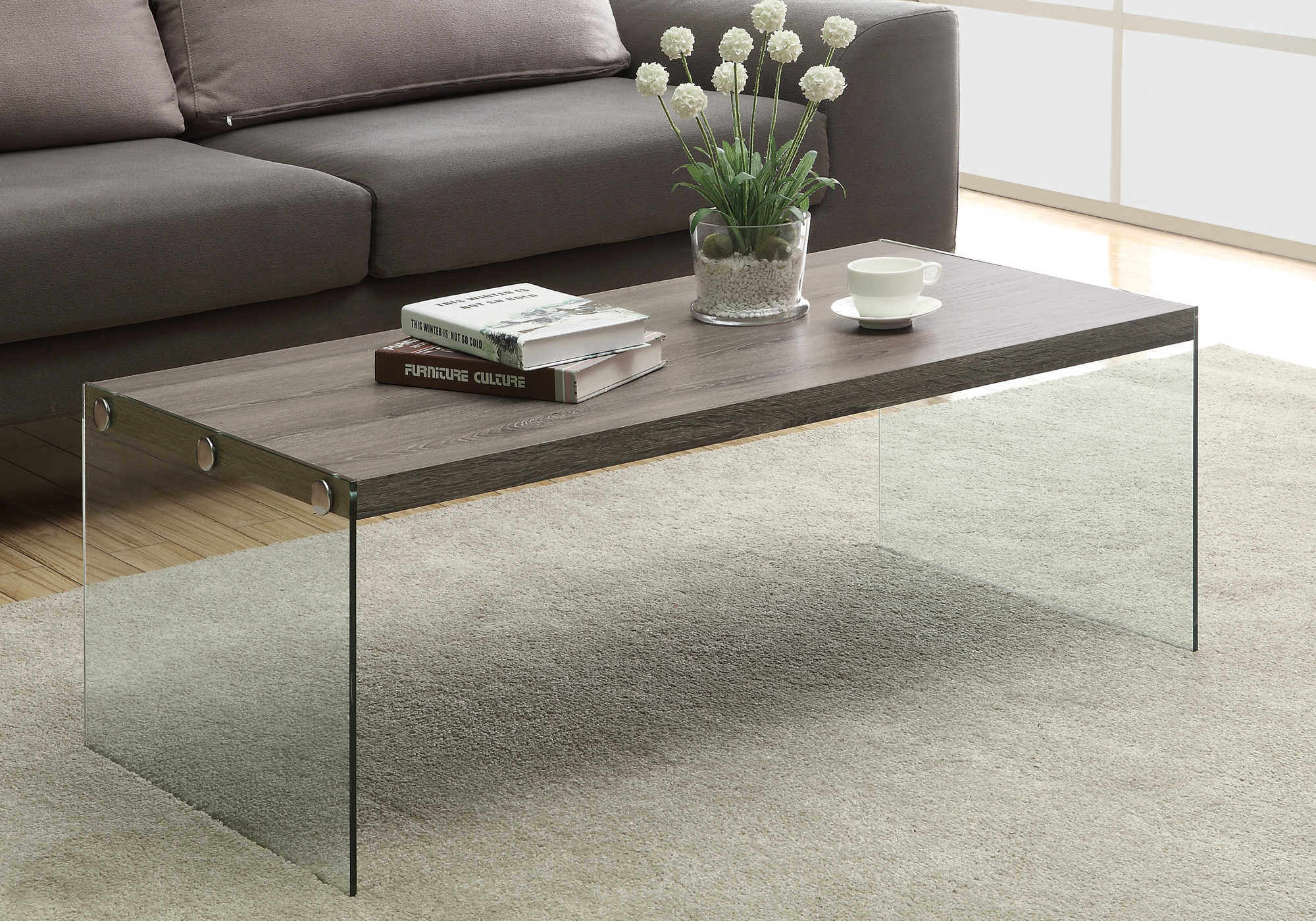 COFFEE TABLE - DARK TAUPE WITH TEMPERED GLASS # I 3054