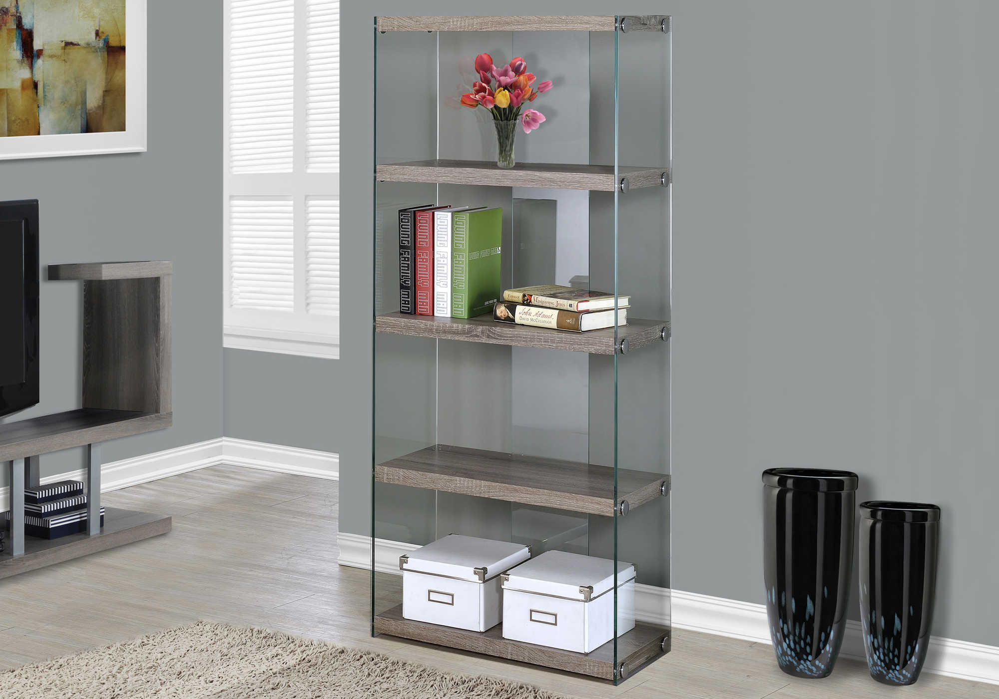 BOOKCASE - 60"H / DARK TAUPE WITH TEMPERED GLASS # I 3060