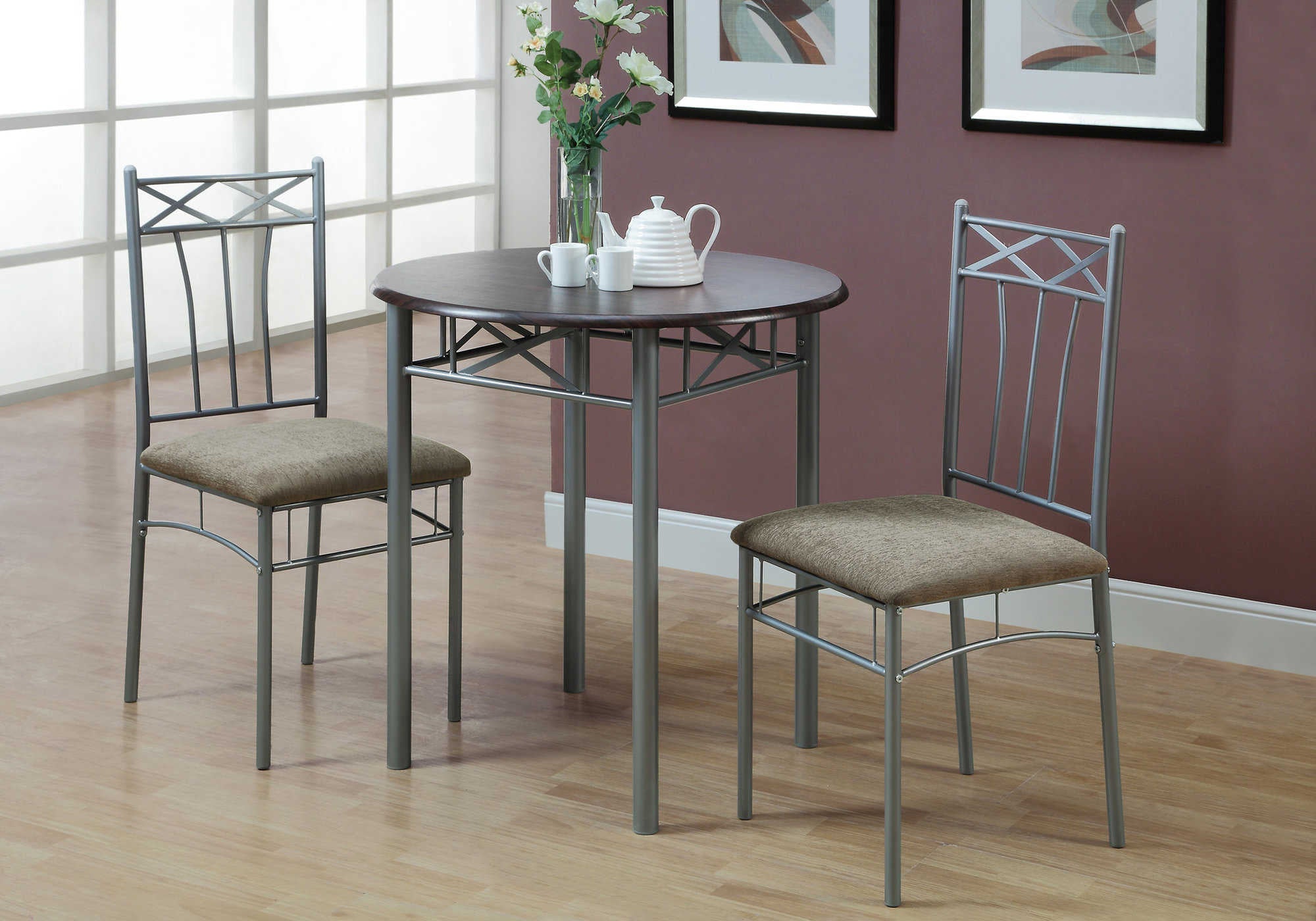 DINING SET - 3PCS SET / ESPRESSO / SILVER METAL # I 3075