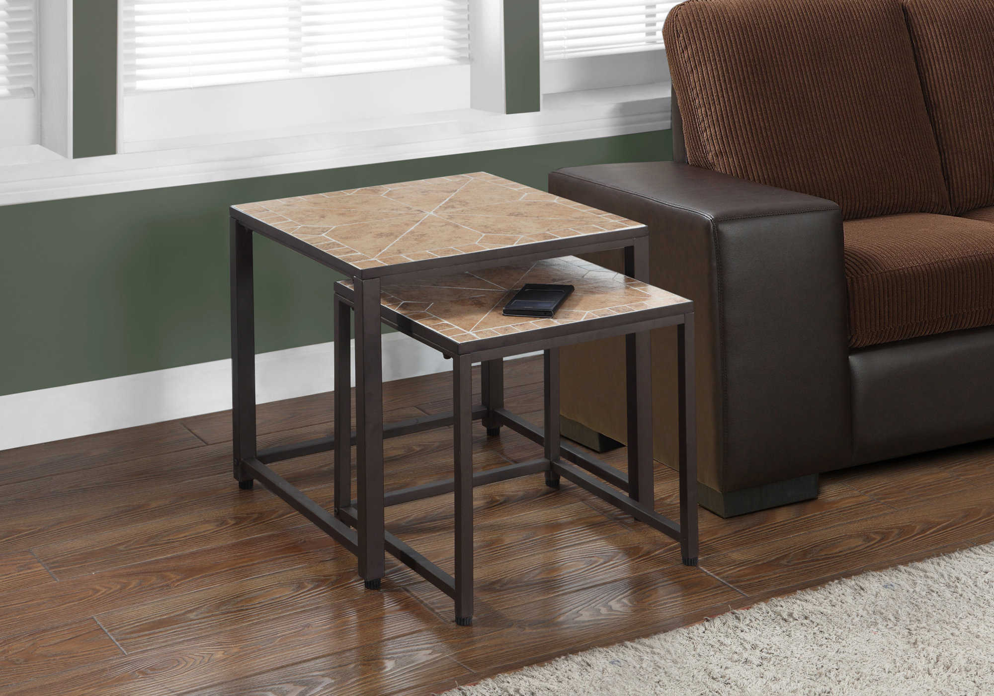 NESTING TABLE - 2PCS SET / TERRACOTTA TILE TOP / BROWN # I 3161