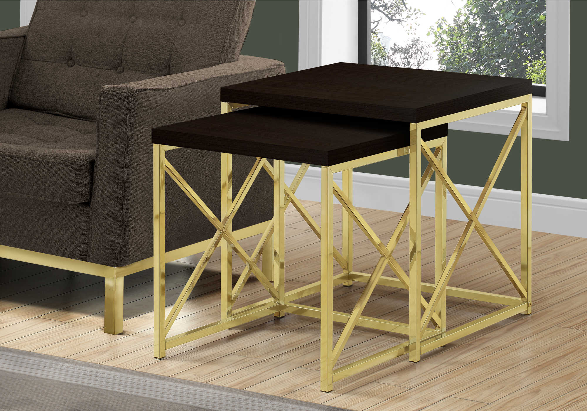 TABLE GIGOGNE - ENSEMBLE 2PCS / ESPRESSO / MÉTAL DORÉ # I 3237