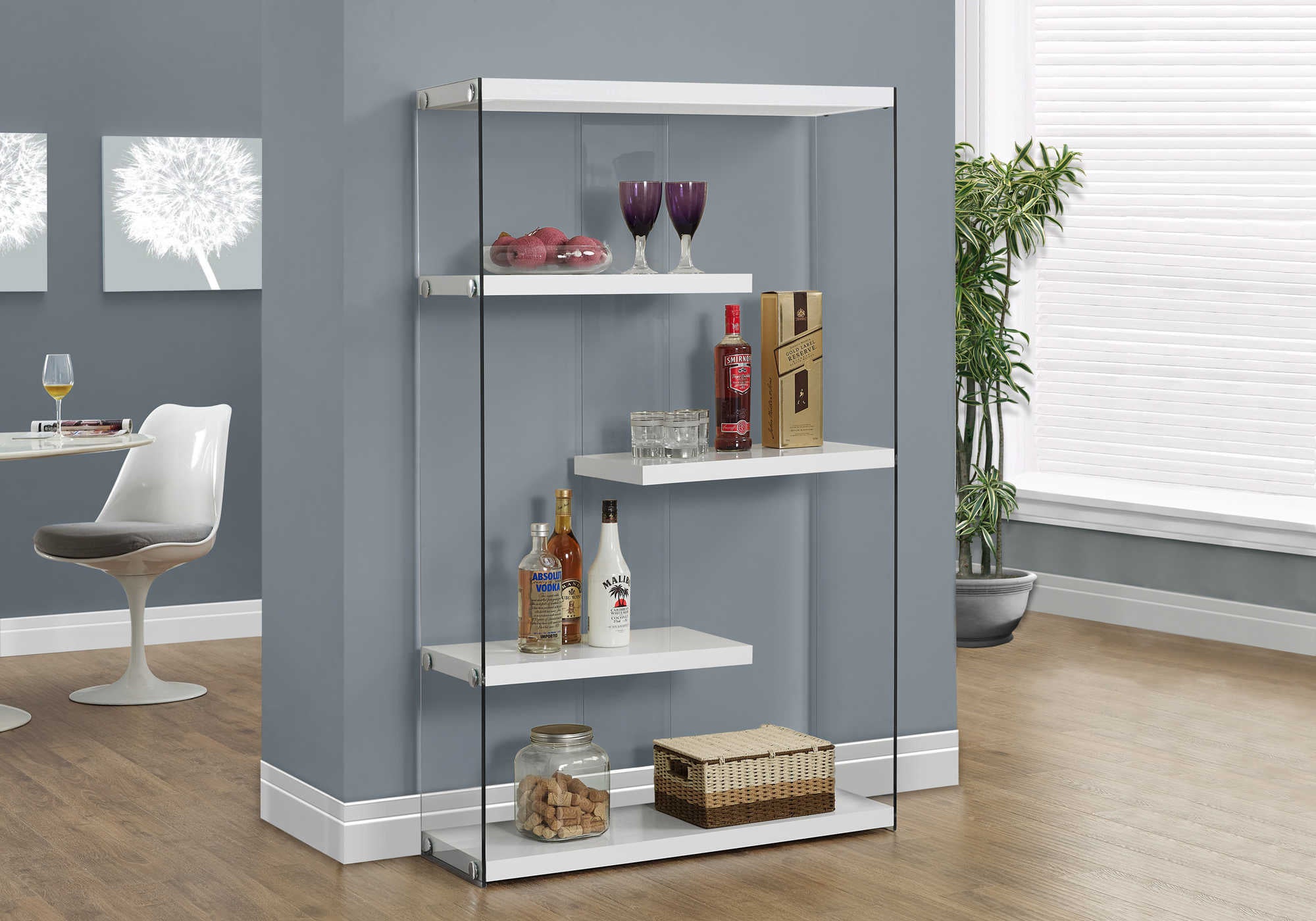 BOOKCASE - 60"H / GLOSSY WHITE WITH TEMPERED GLASS # I 3290