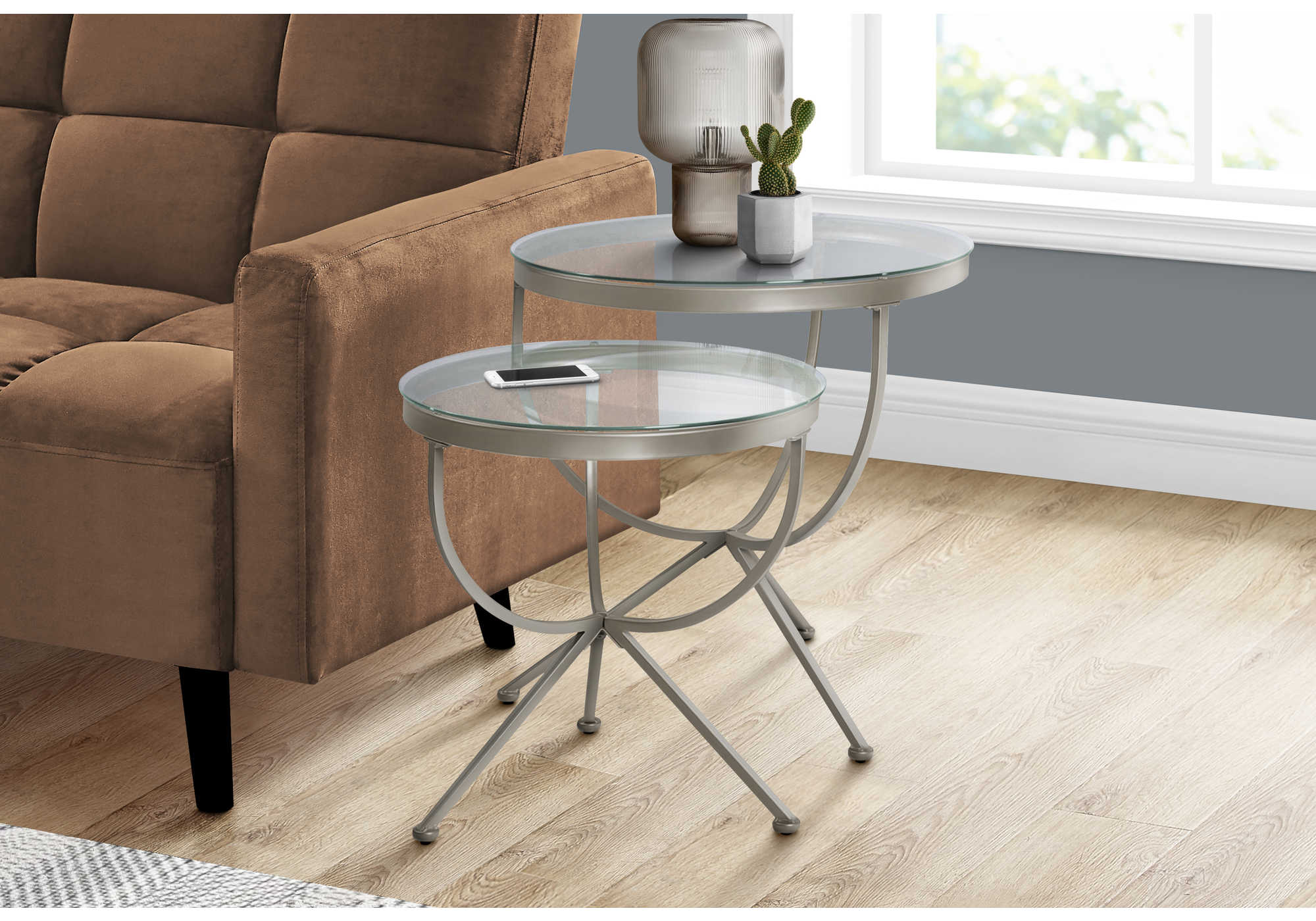 NESTING TABLE - 2PCS SET / SILVER WITH TEMPERED GLASS # I 3322