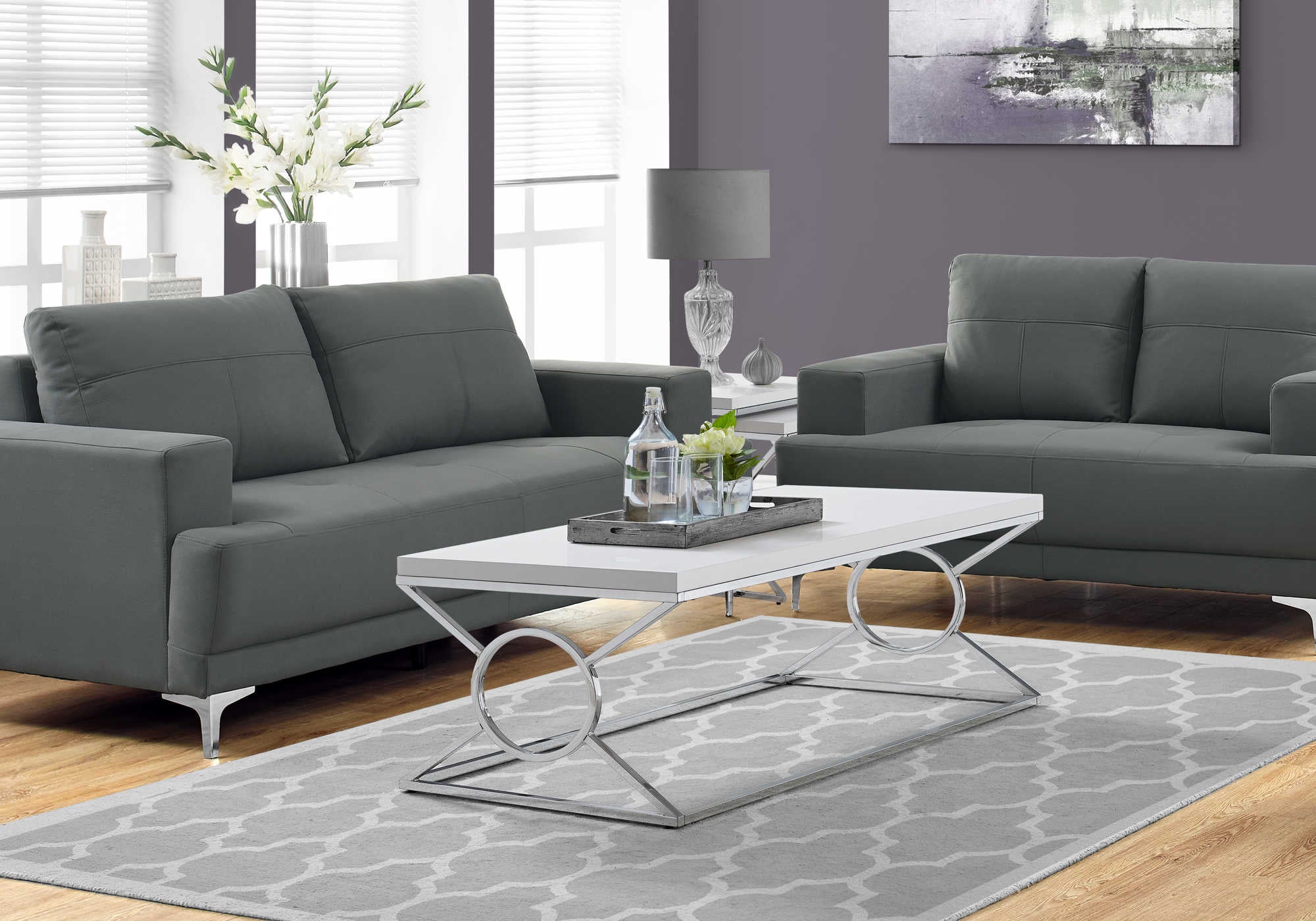 COFFEE TABLE - GLOSSY WHITE WITH CHROME METAL # I 3400