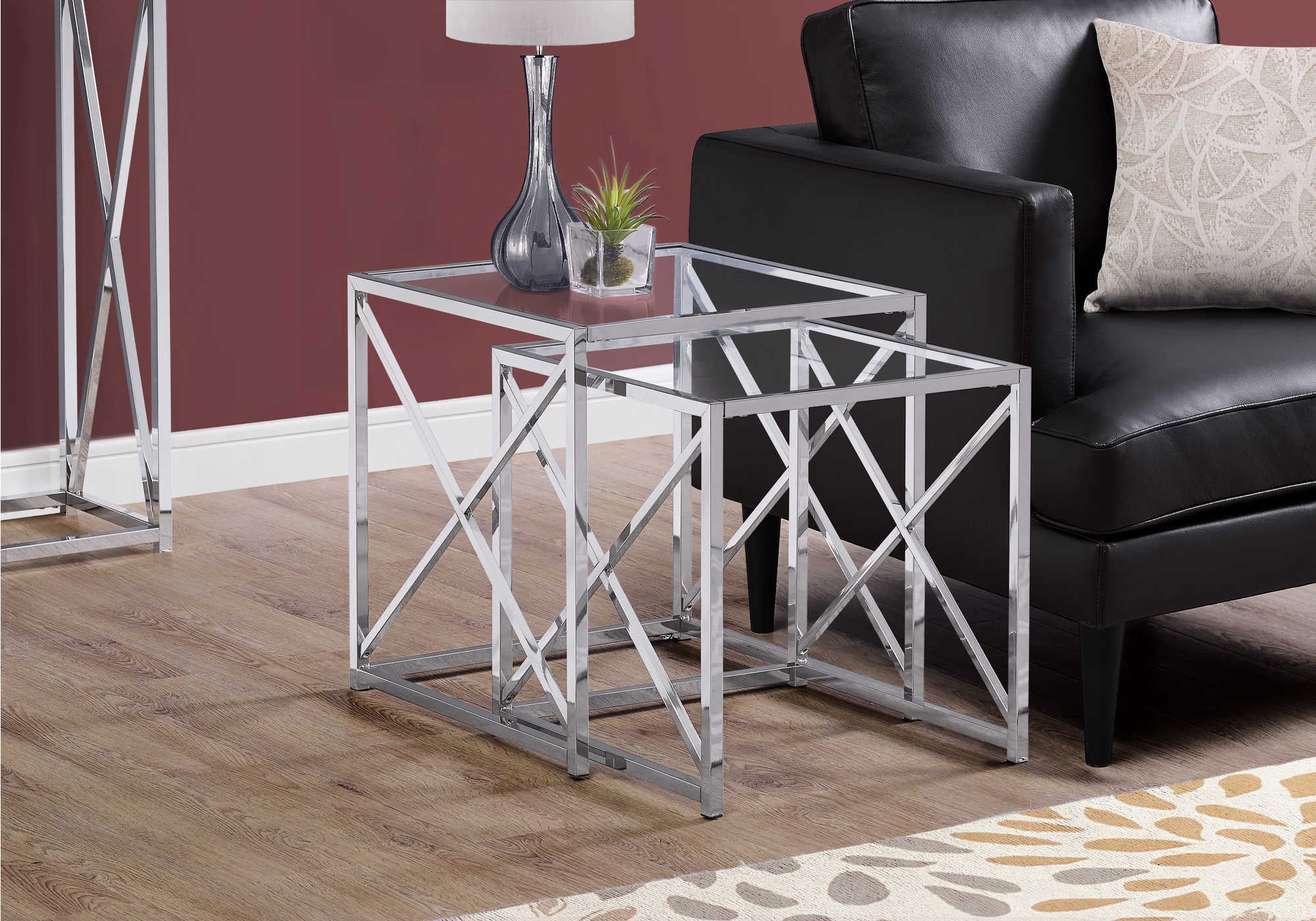 NESTING TABLE - 2PCS SET / CHROME METAL W/ TEMPERED GLASS # I 3441