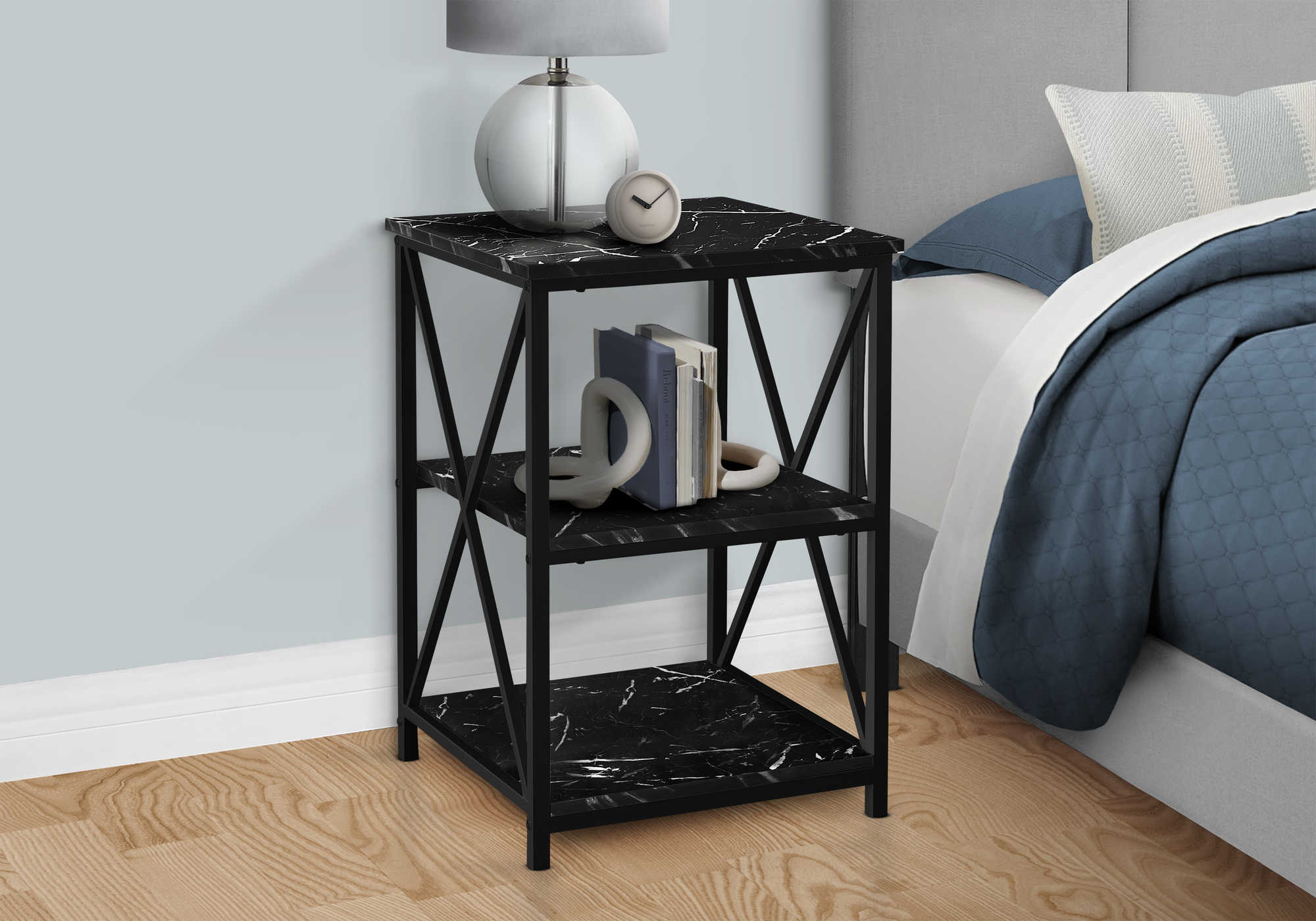 NIGHTSTAND - 26"H / BLACK MARBLE / BLACK METAL #I 3595