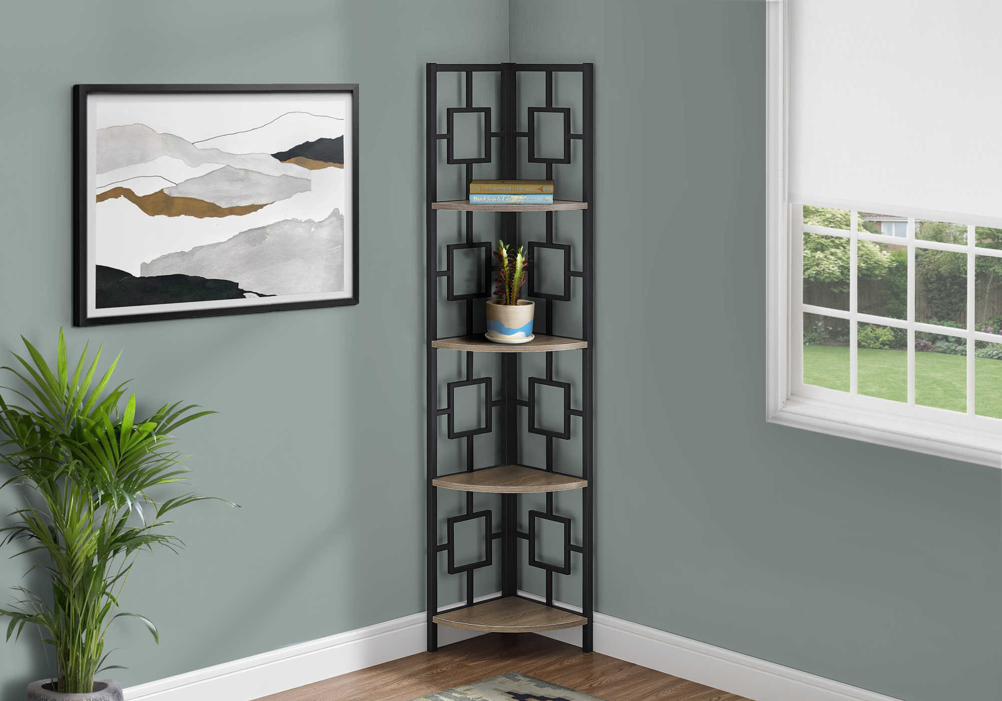 BOOKCASE - 62"H / DARK TAUPE / BLACK METAL CORNER ETAGERE # I 3611