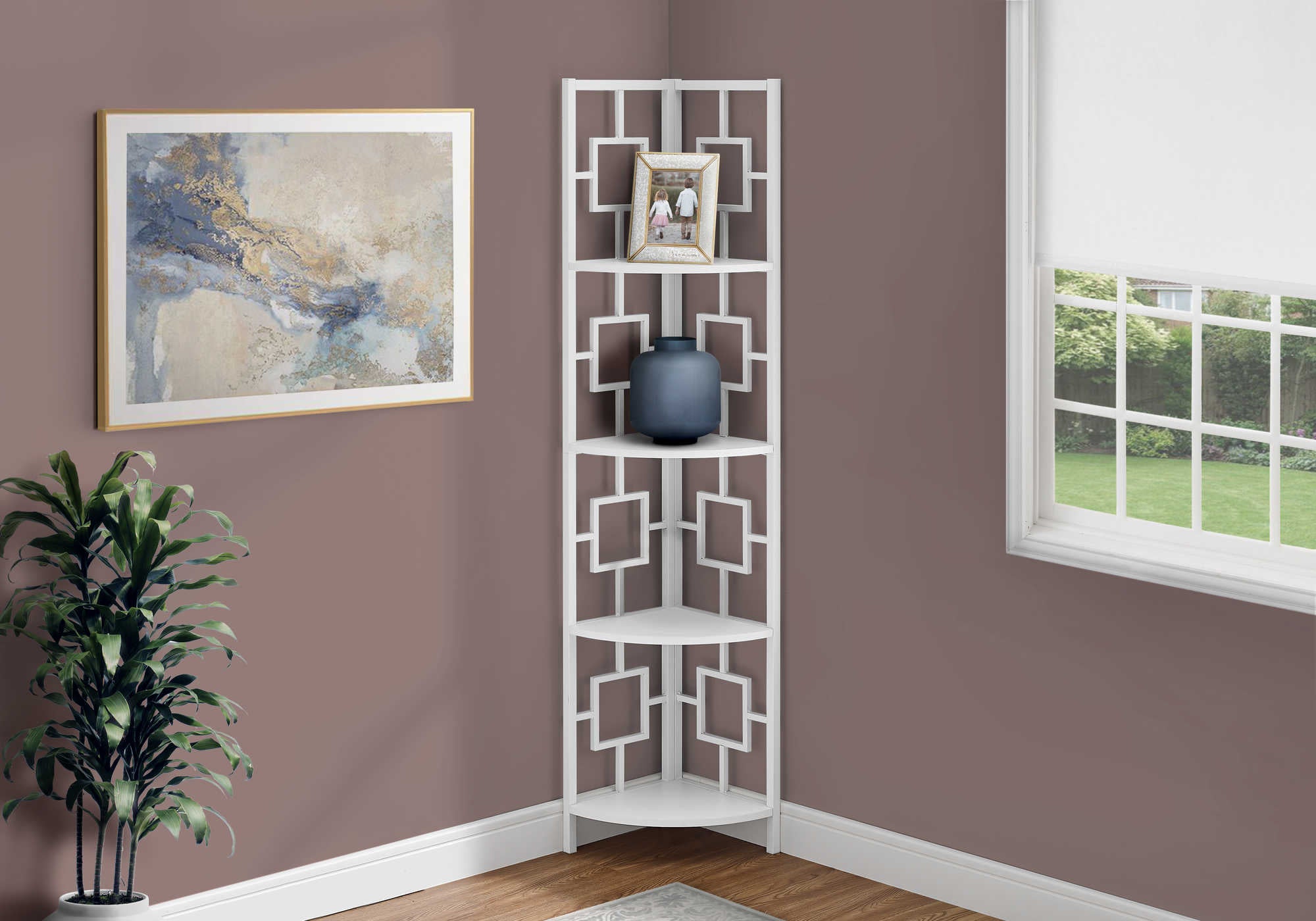 BOOKCASE - 62"H / WHITE / WHITE METAL CORNER ETAGERE # I 3613