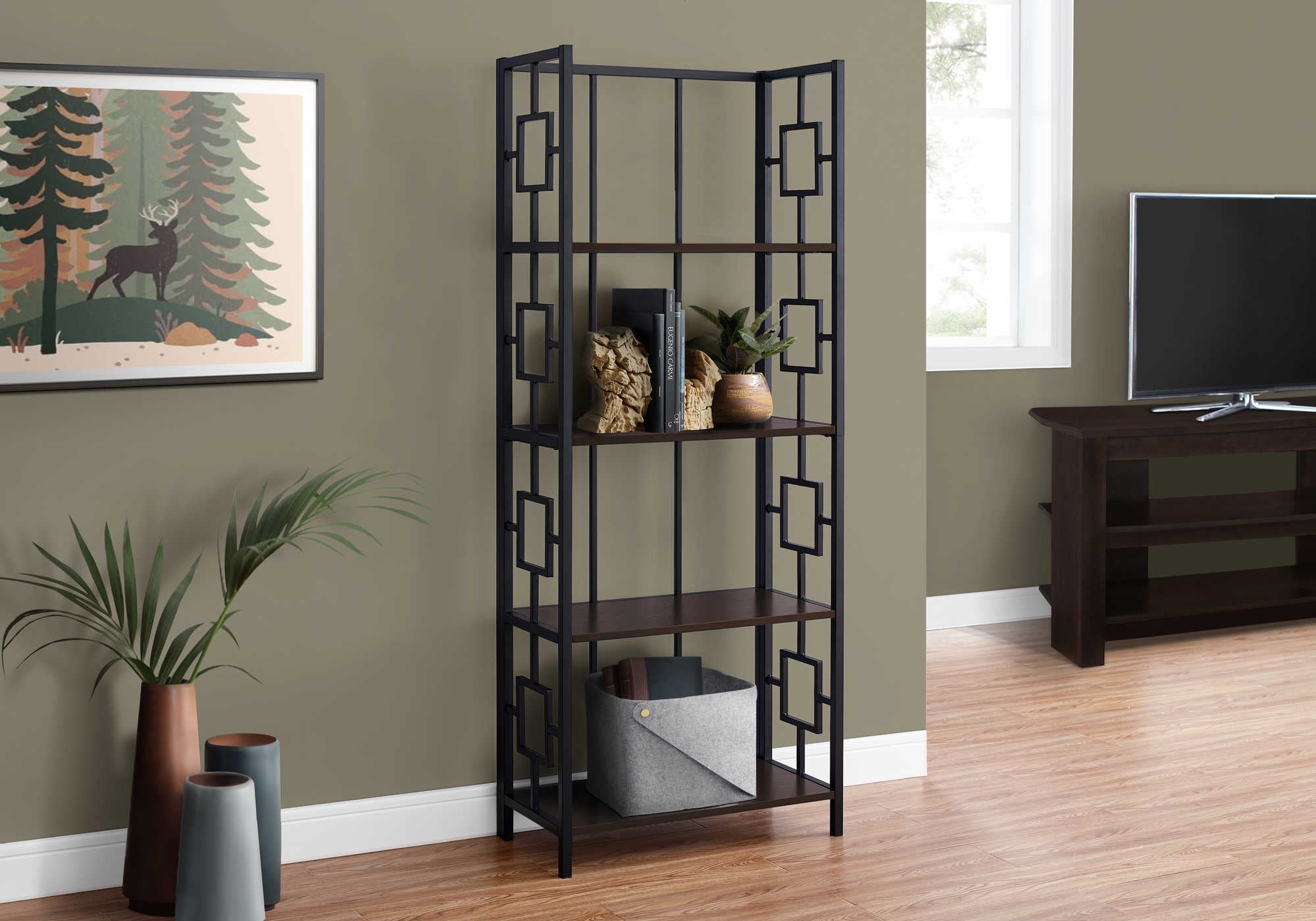 BOOKCASE - 62"H / ESPRESSO / BLACK METAL ETAGERE # I 3617