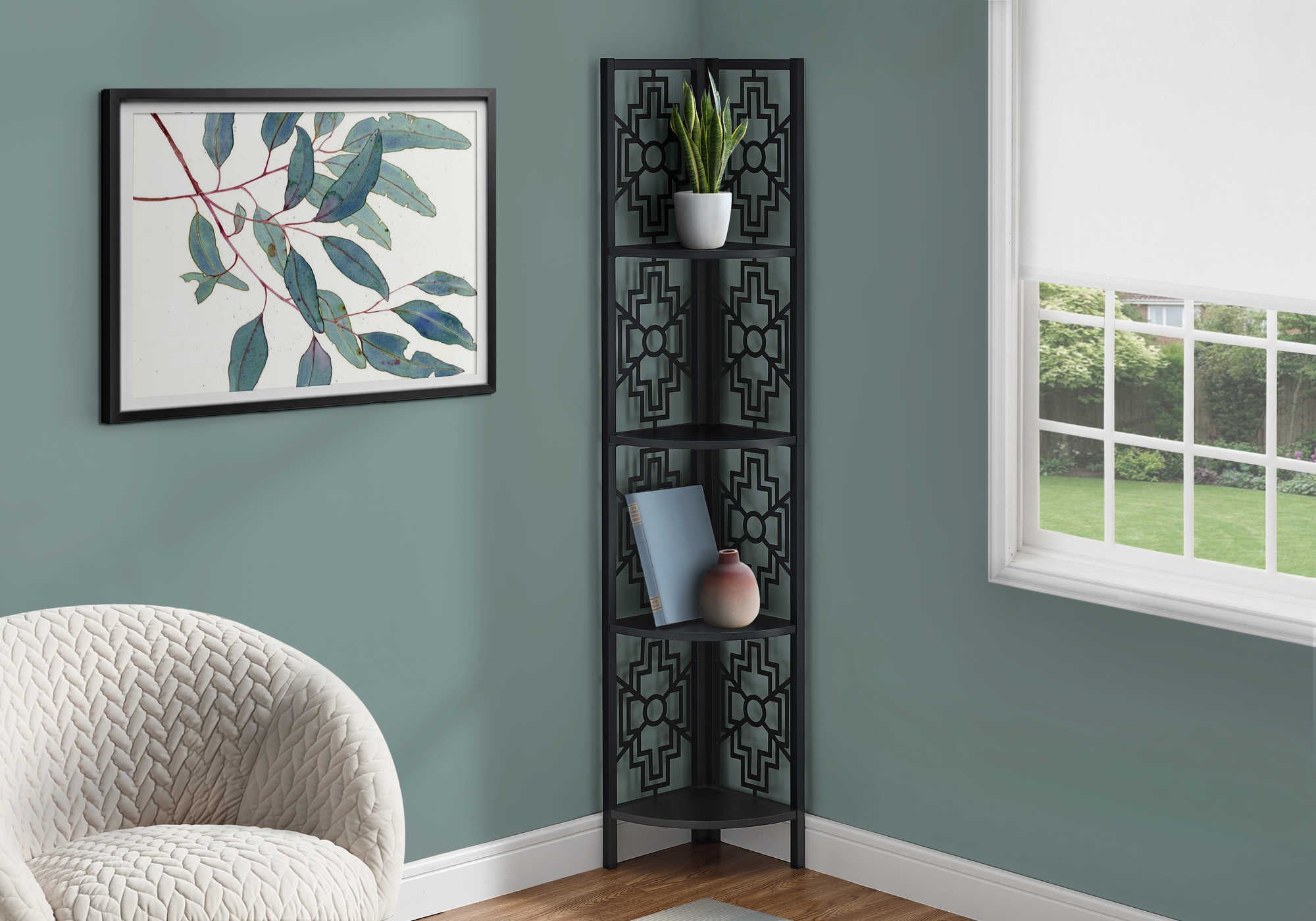BOOKCASE - 62"H / BLACK / BLACK METAL CORNER ETAGERE # I 3620