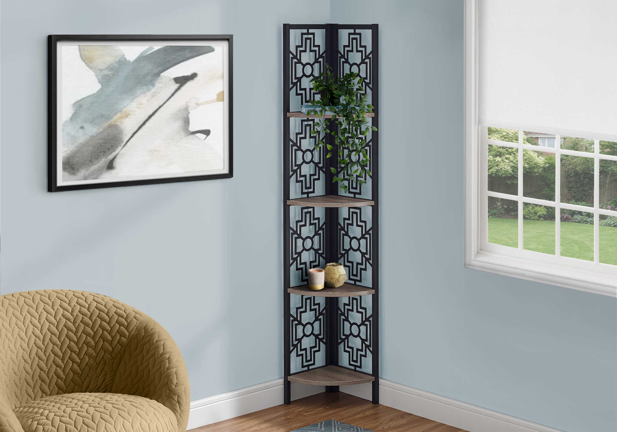 BOOKCASE - 62"H / DARK TAUPE / BLACK METAL CORNER ETAGERE # I 3621