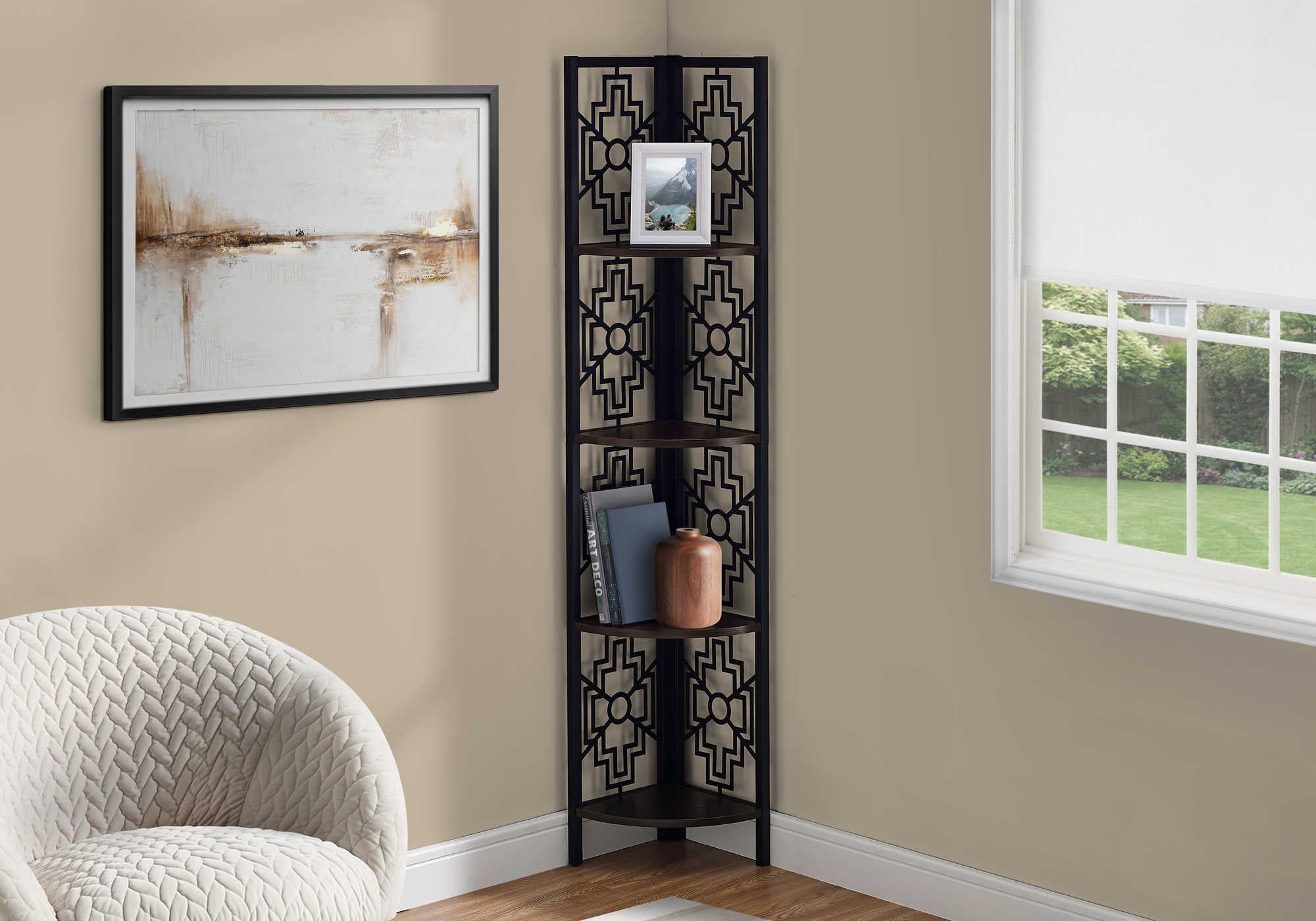 BOOKCASE - 62"H / ESPRESSO / BLACK METAL CORNER ETAGERE # I 3622