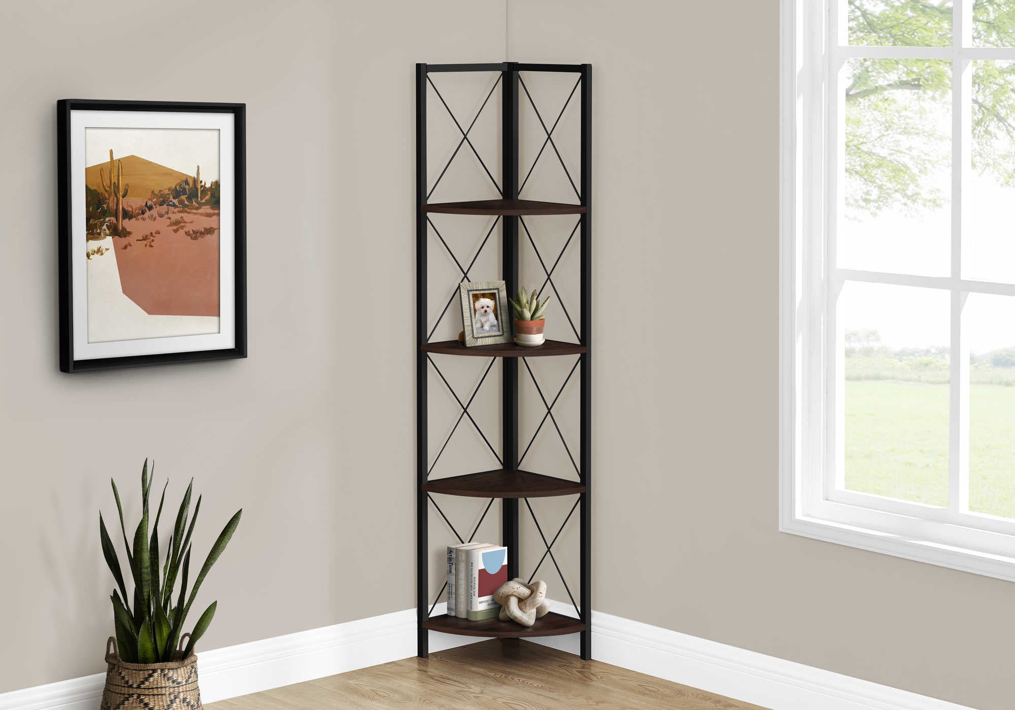 BOOKCASE - 60"H / ESPRESSO / BLACK METAL CORNER ETAGERE # I 3645