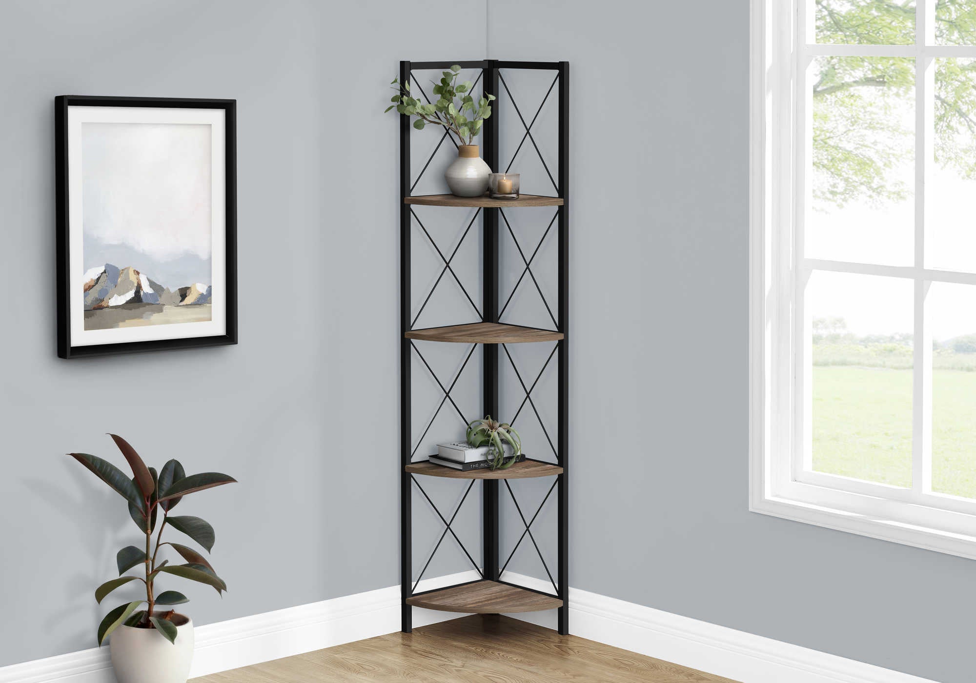 BOOKCASE - 60"H / BROWN RECLAIMED / BLACK METAL CORNER # I 3646