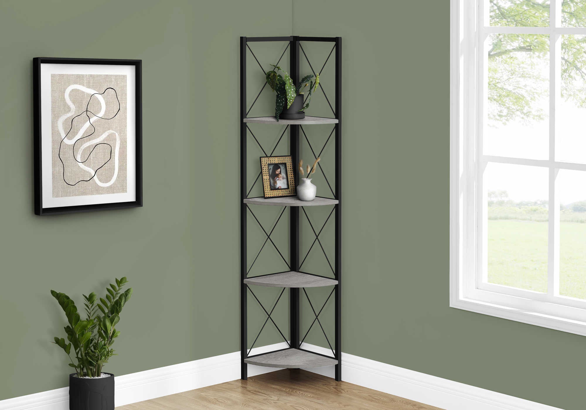 BOOKCASE - 60"H / GREY / BLACK METAL CORNER ETAGERE # I 3647