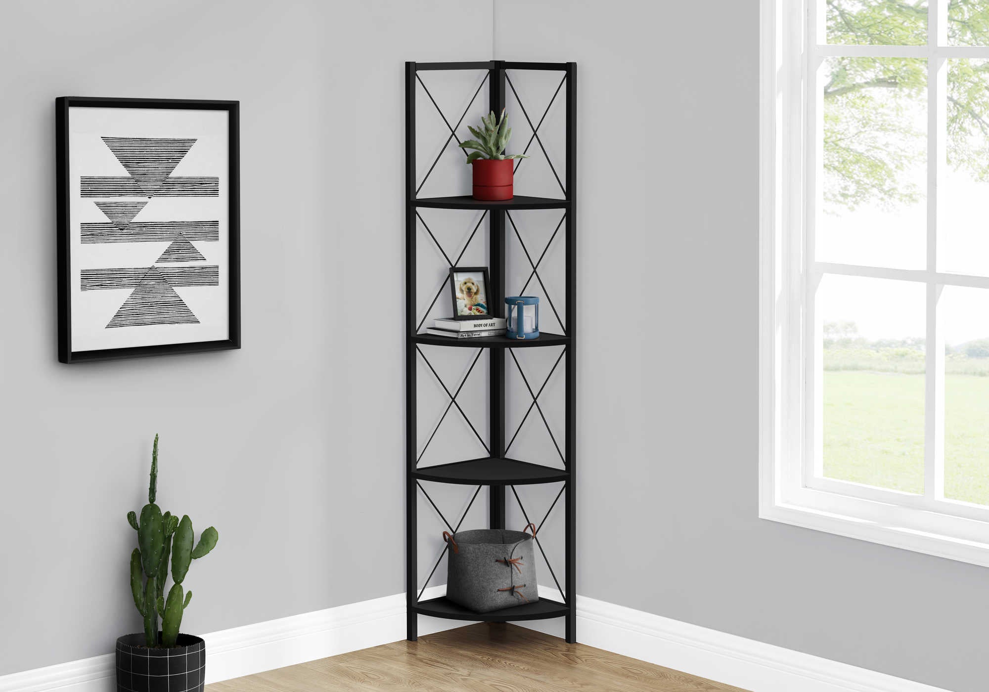 BOOKCASE - 60"H / BLACK / BLACK METAL CORNER ETAGERE # I 3649