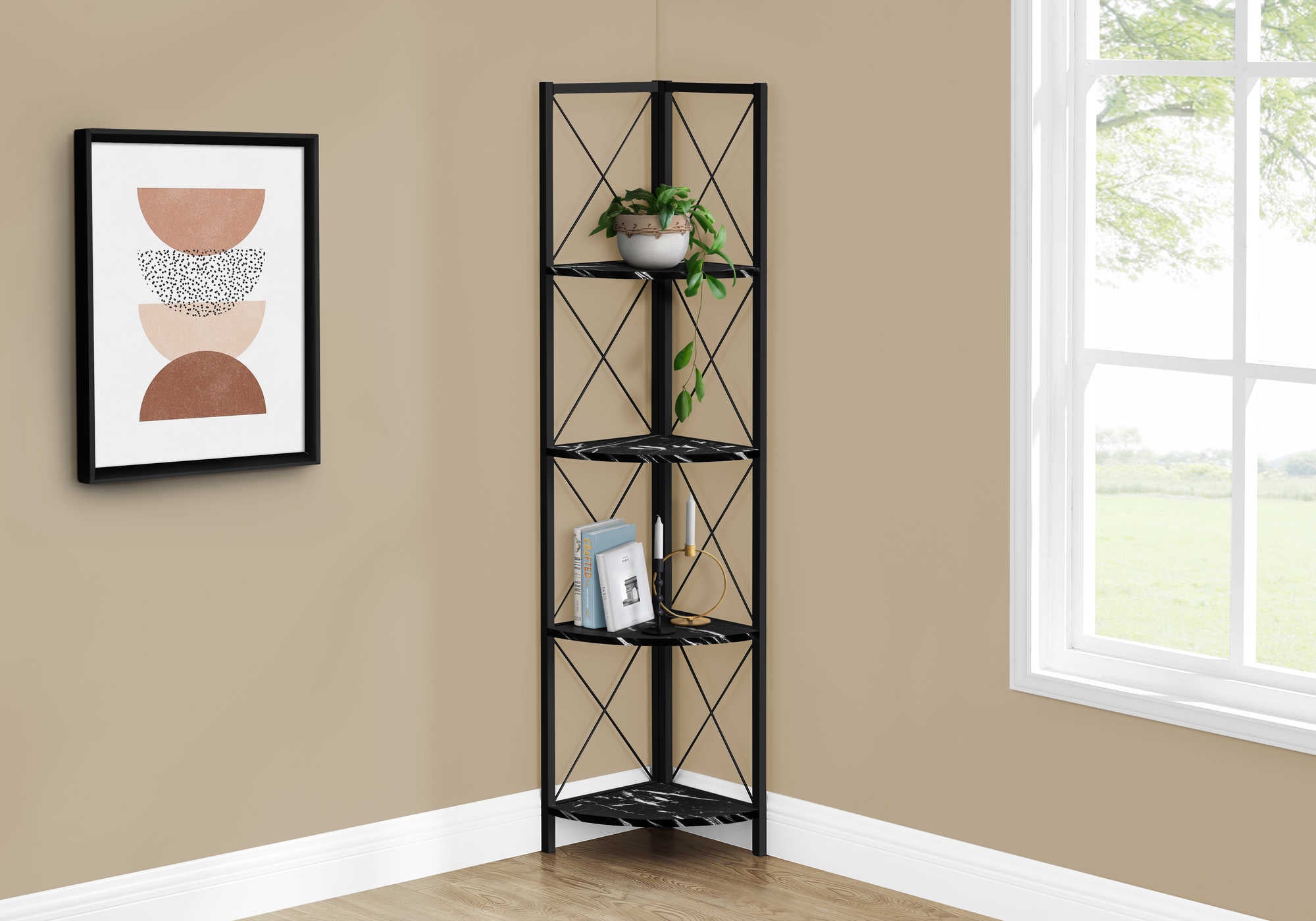 BOOKCASE - 60"H / BLACK MARBLE / BLACK METAL CORNER # I 3650