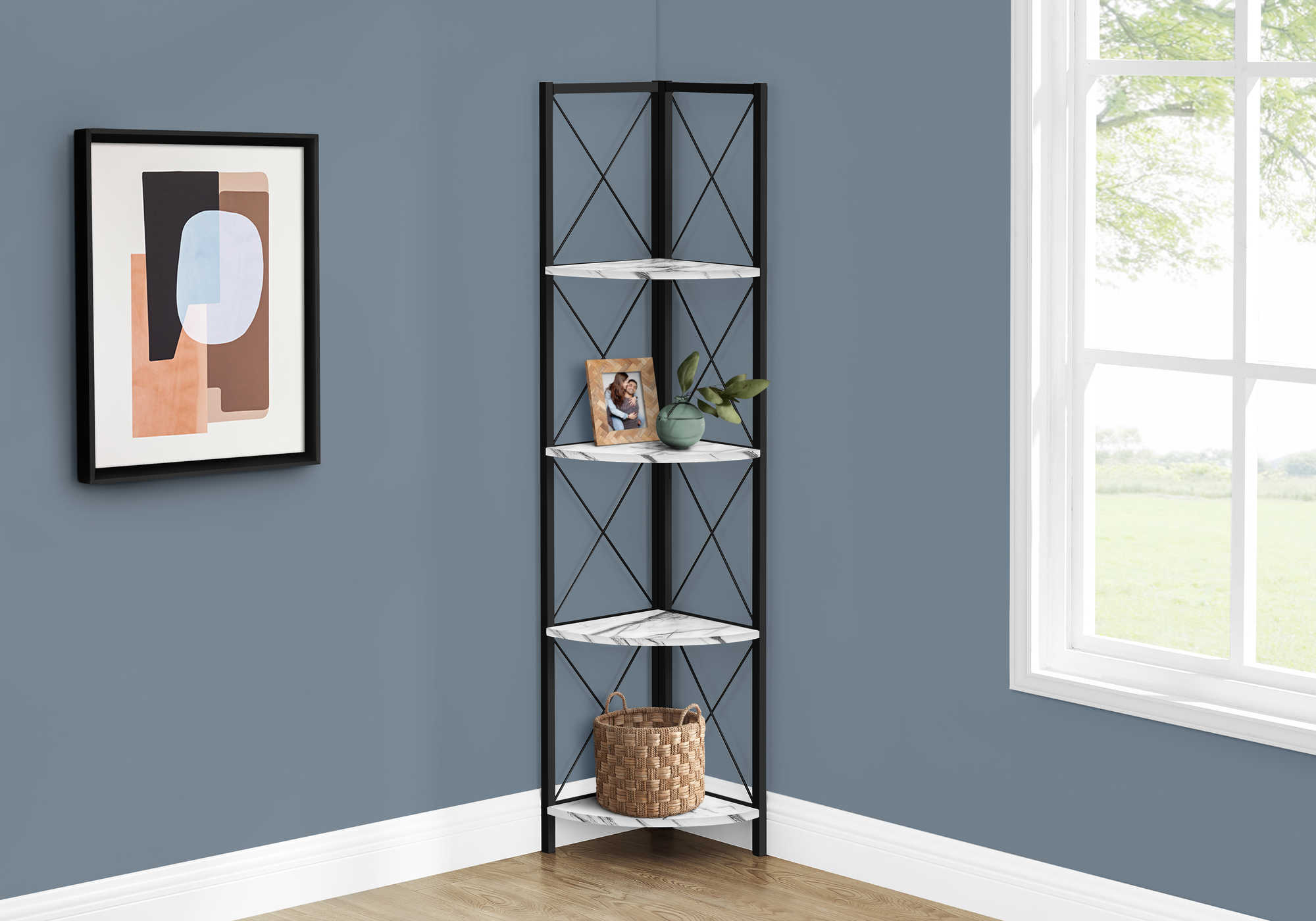 BOOKCASE - 60"H / WHITE MARBLE / BLACK METAL CORNER # I 3651