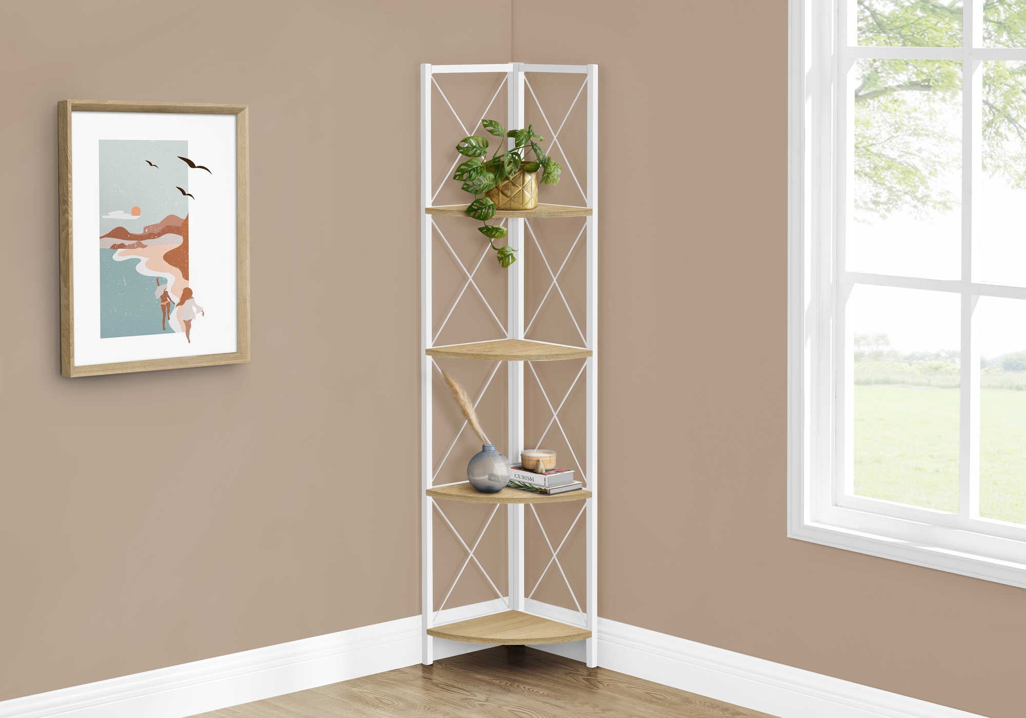 BOOKCASE - 60"H / NATURAL / WHITE METAL CORNER ETAGERE # I 3652