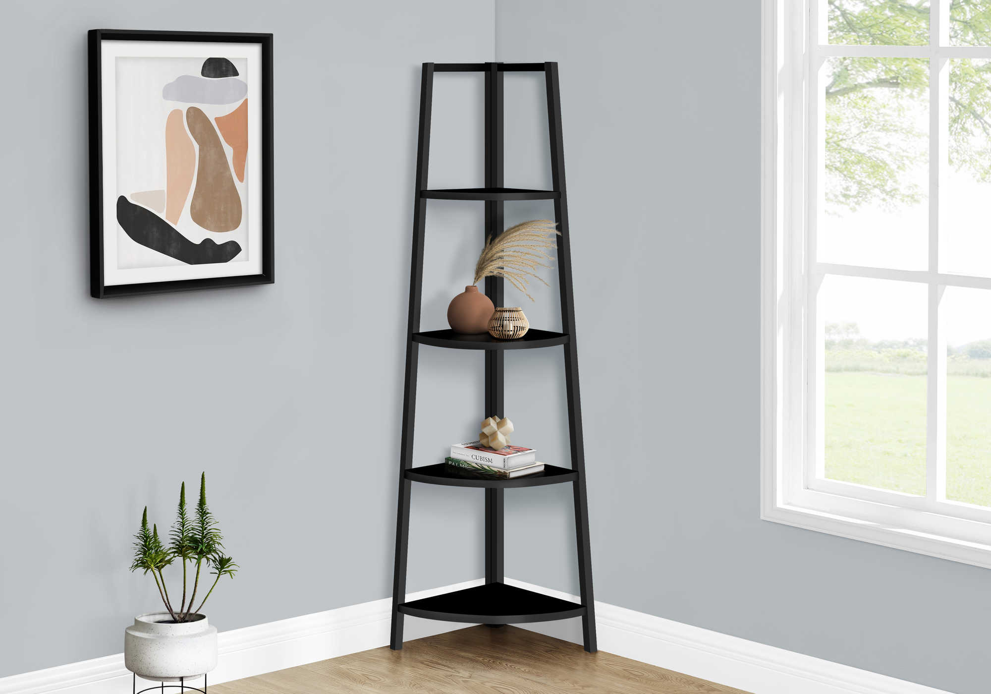 BOOKCASE - 60"H / BLACK / BLACK METAL CORNER ETAGERE # I 3664