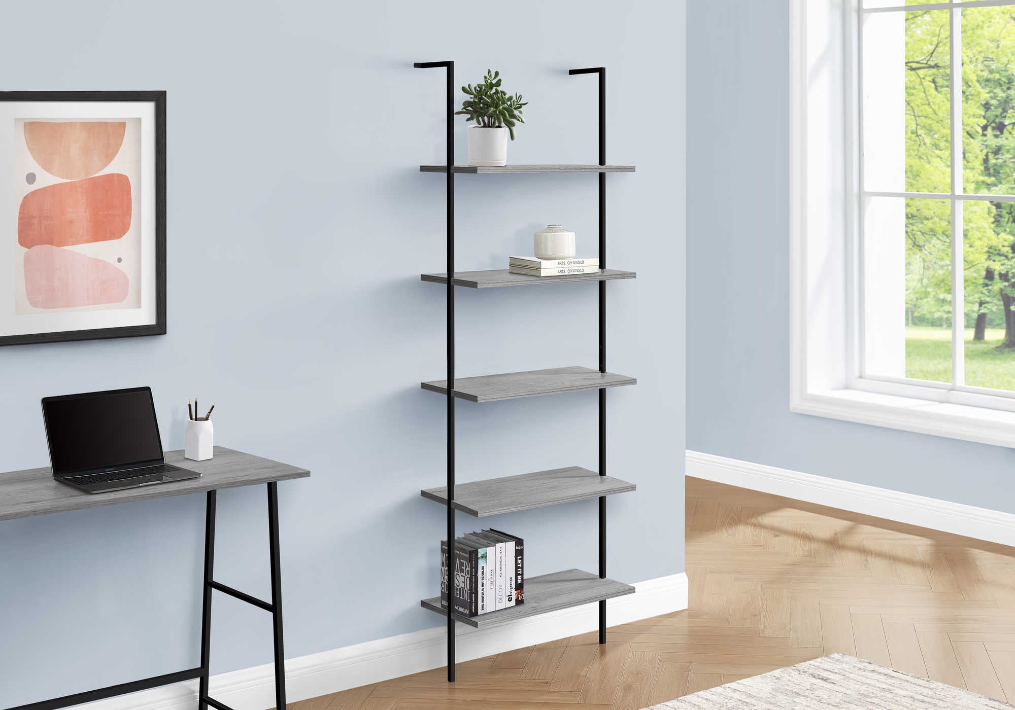 BOOKCASE - 72"H LADDER GREY / BLACK METAL # I 3681