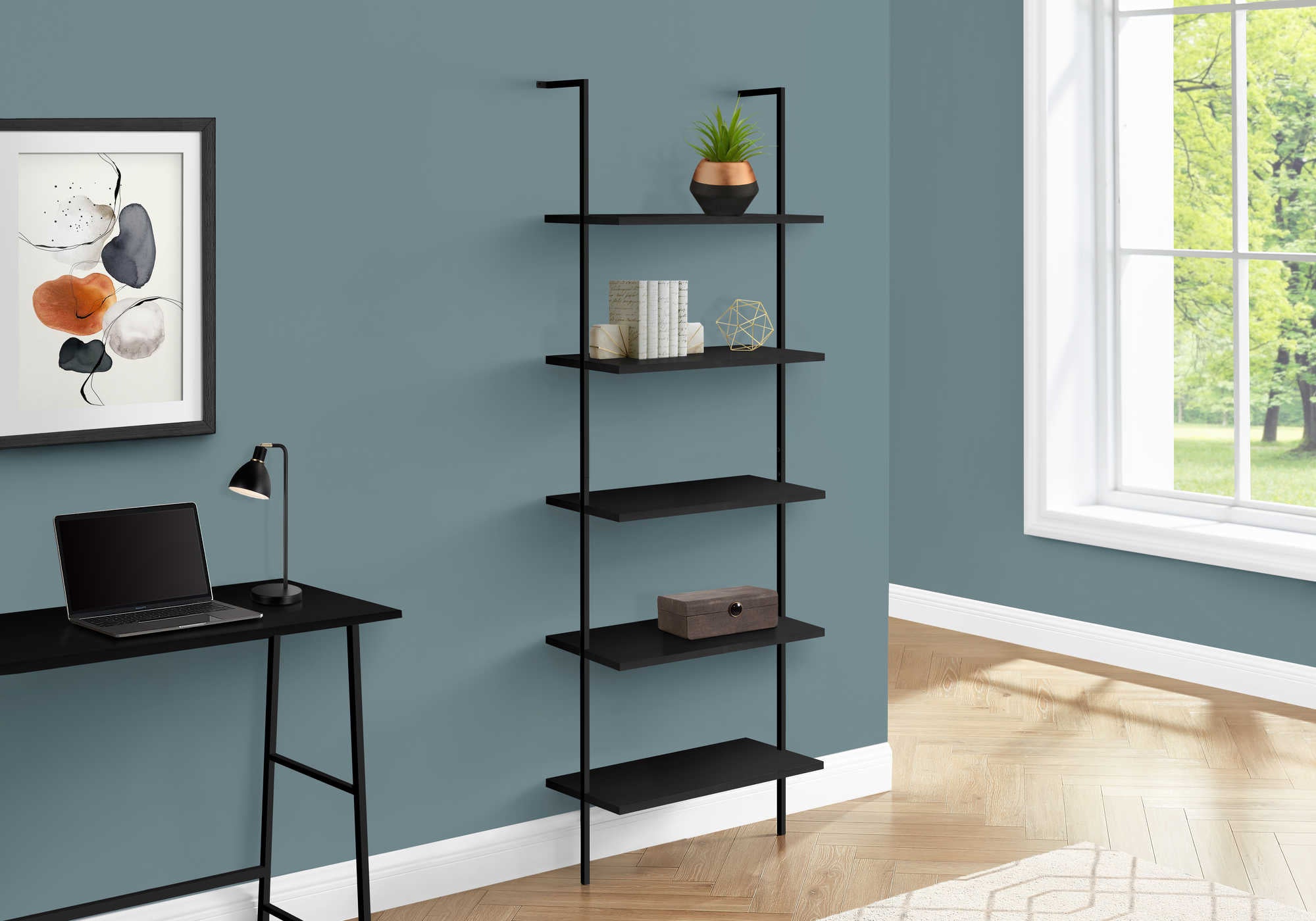 BOOKCASE - 72"H LADDER BLACK / BLACK METAL # I 3683