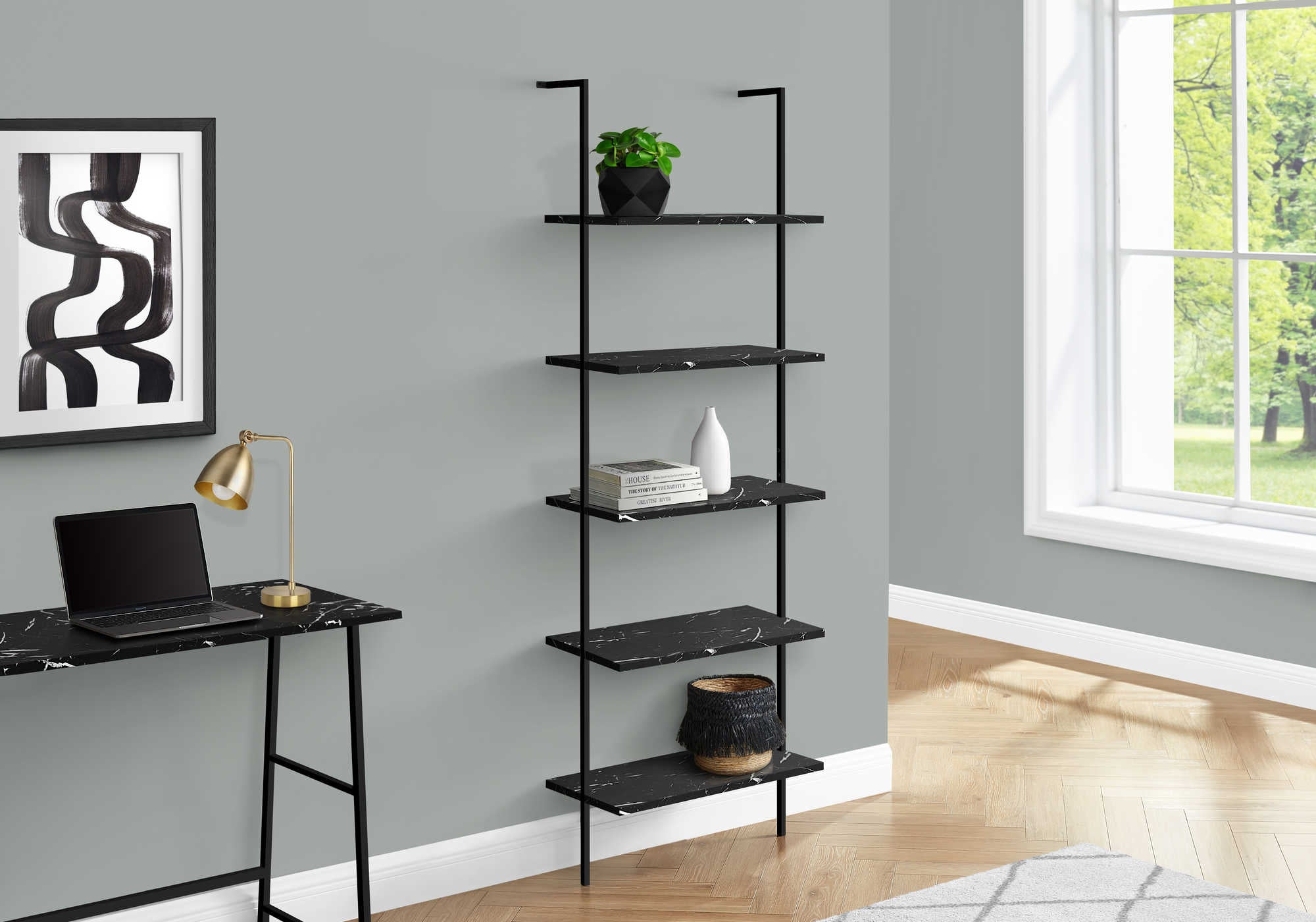 BOOKCASE - 72"H LADDER BLACK MARBLE / BLACK METAL # I 3684