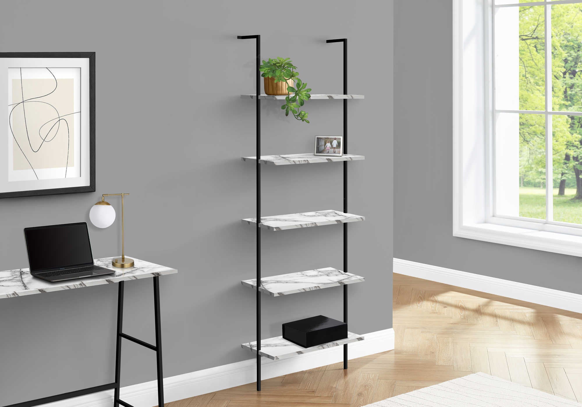 BOOKCASE - 72"H LADDER WHITE MARBLE / BLACK METAL # I 3685