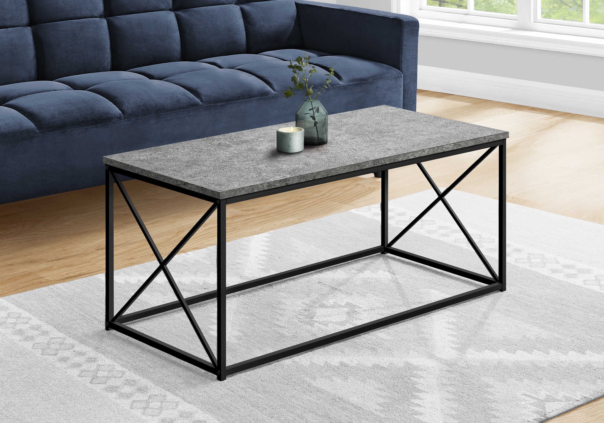COFFEE TABLE - 40"L / GREY STONE-LOOK / BLACK METAL # I 3785