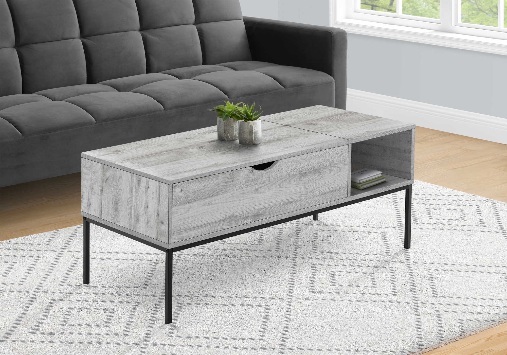 TABLE BASSE - 42"L / PLATEAU RELEVABLE GRIS / MÉTAL NOIR # I 3805