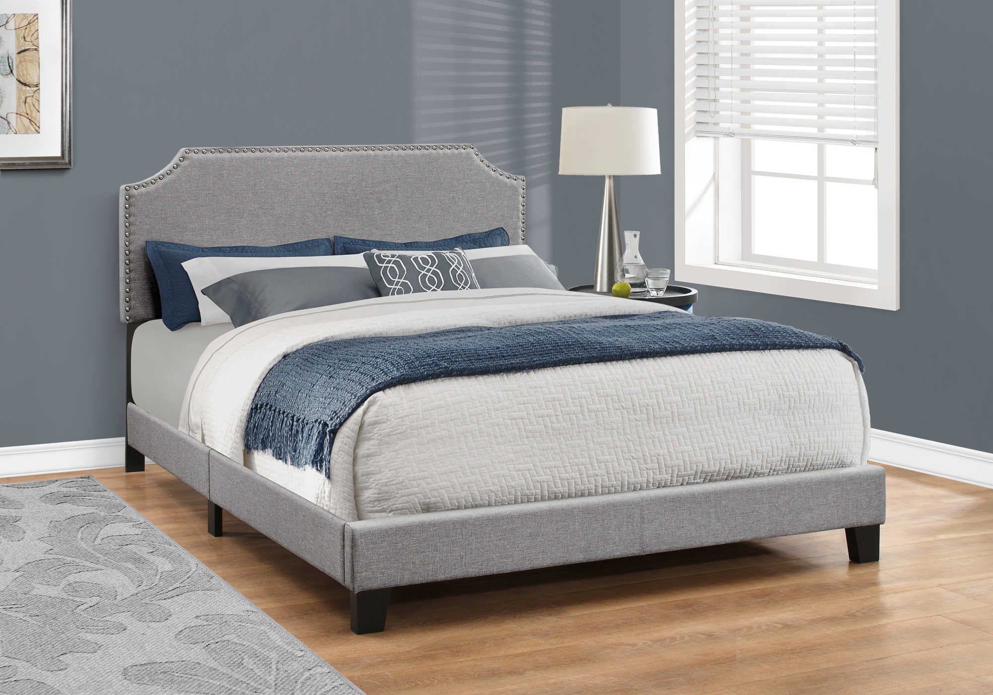 Queen Bed – Grey Linen Bed with Chrome Trim I 5925Q