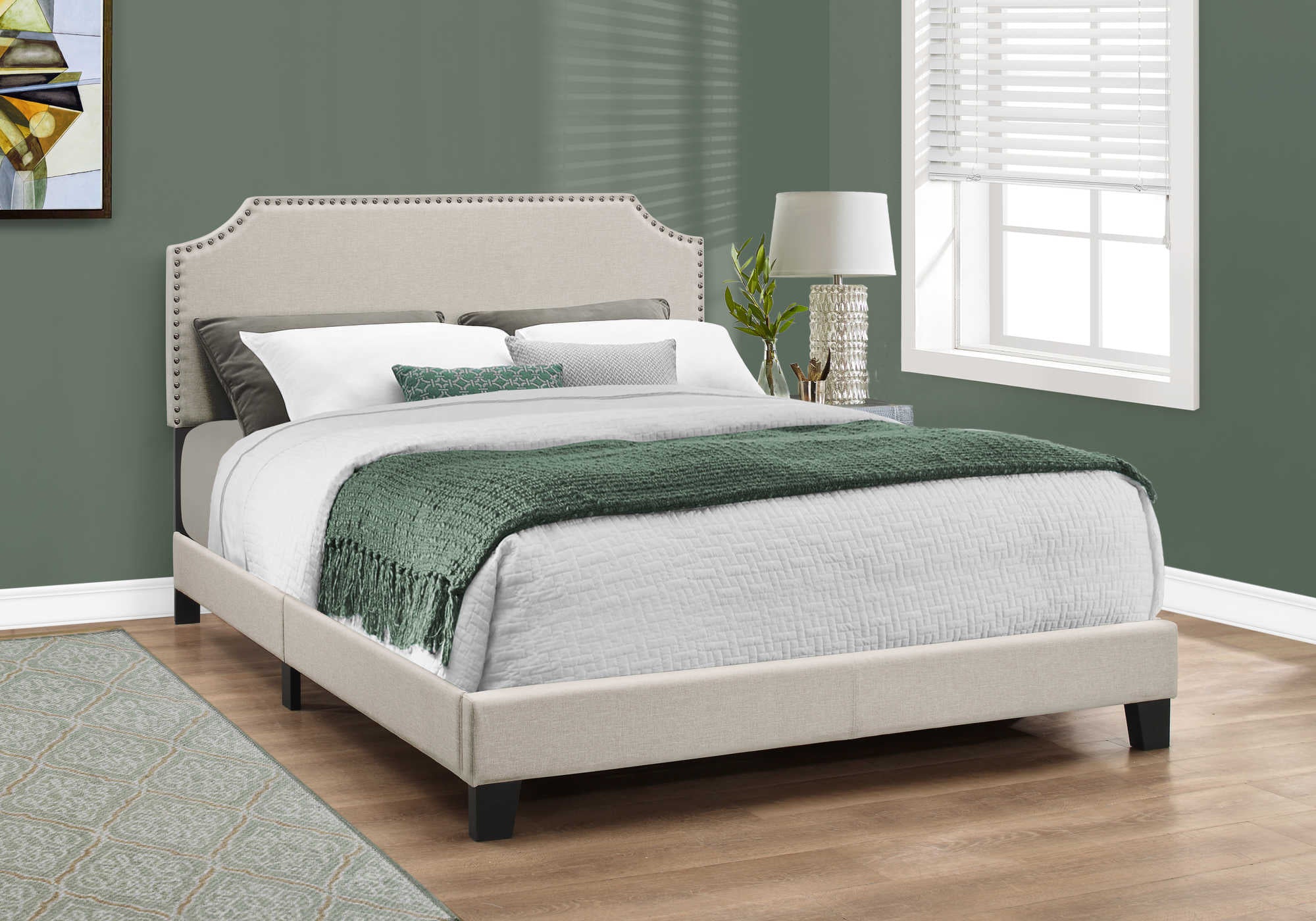 Queen Bed – Beige Linen Bed with Antique Brass Trim I 5926Q