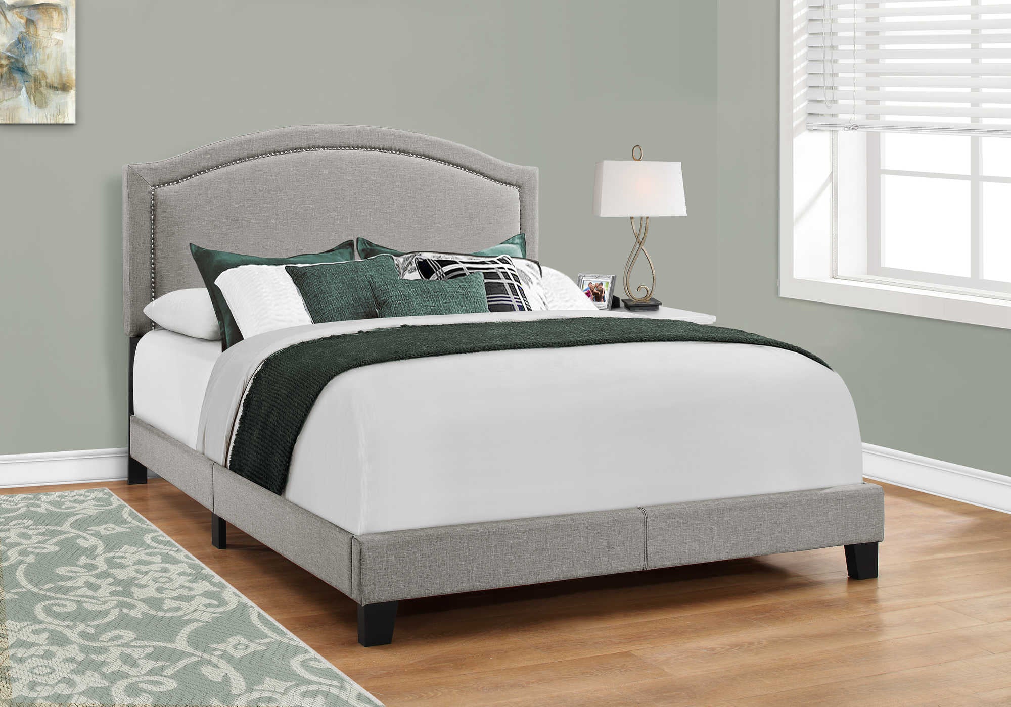 Queen Bed – Grey Linen Bed with Chrome Trim I 5936Q