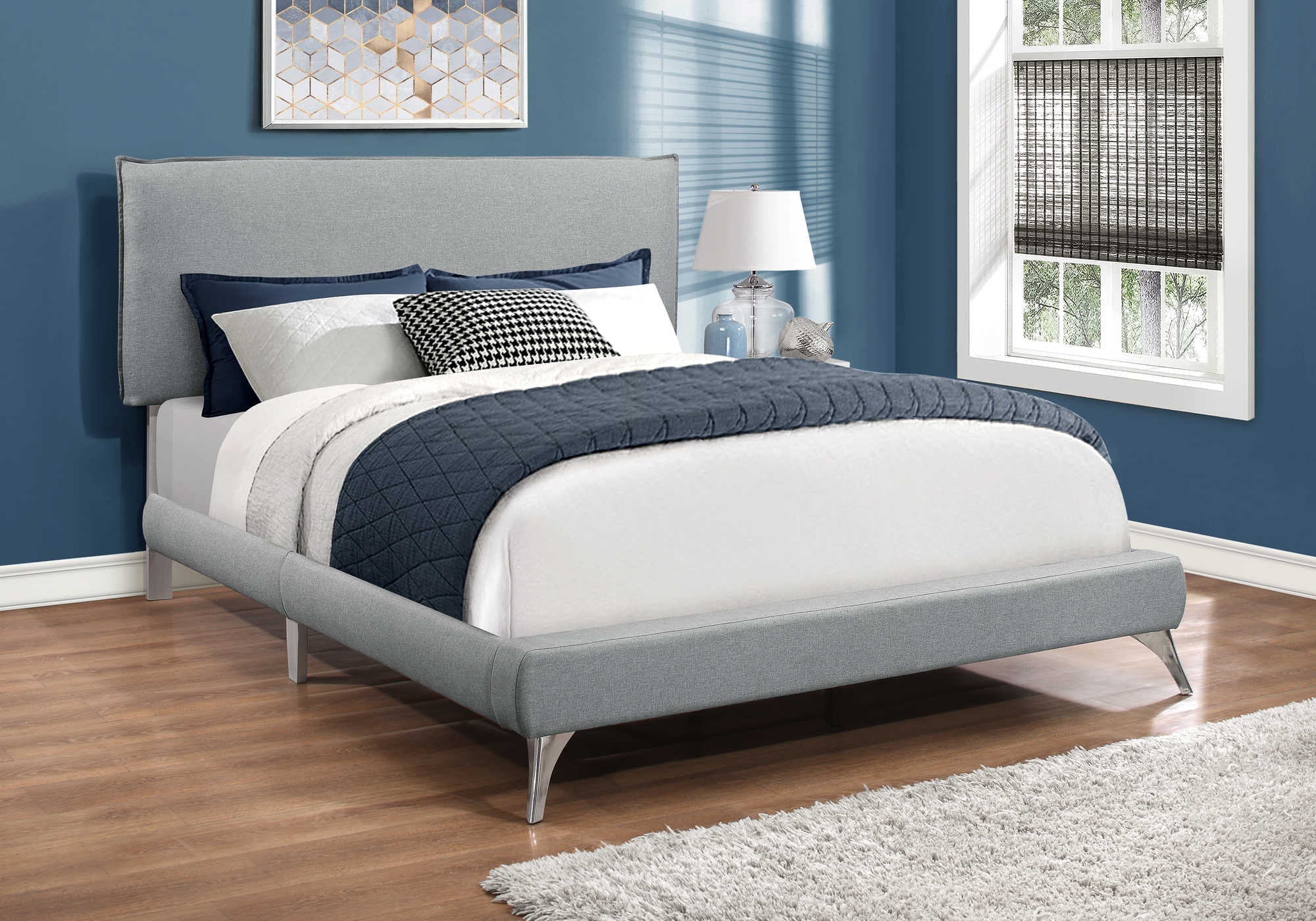 Queen Bed – Grey Linen Bed with Chrome Legs I 5950Q