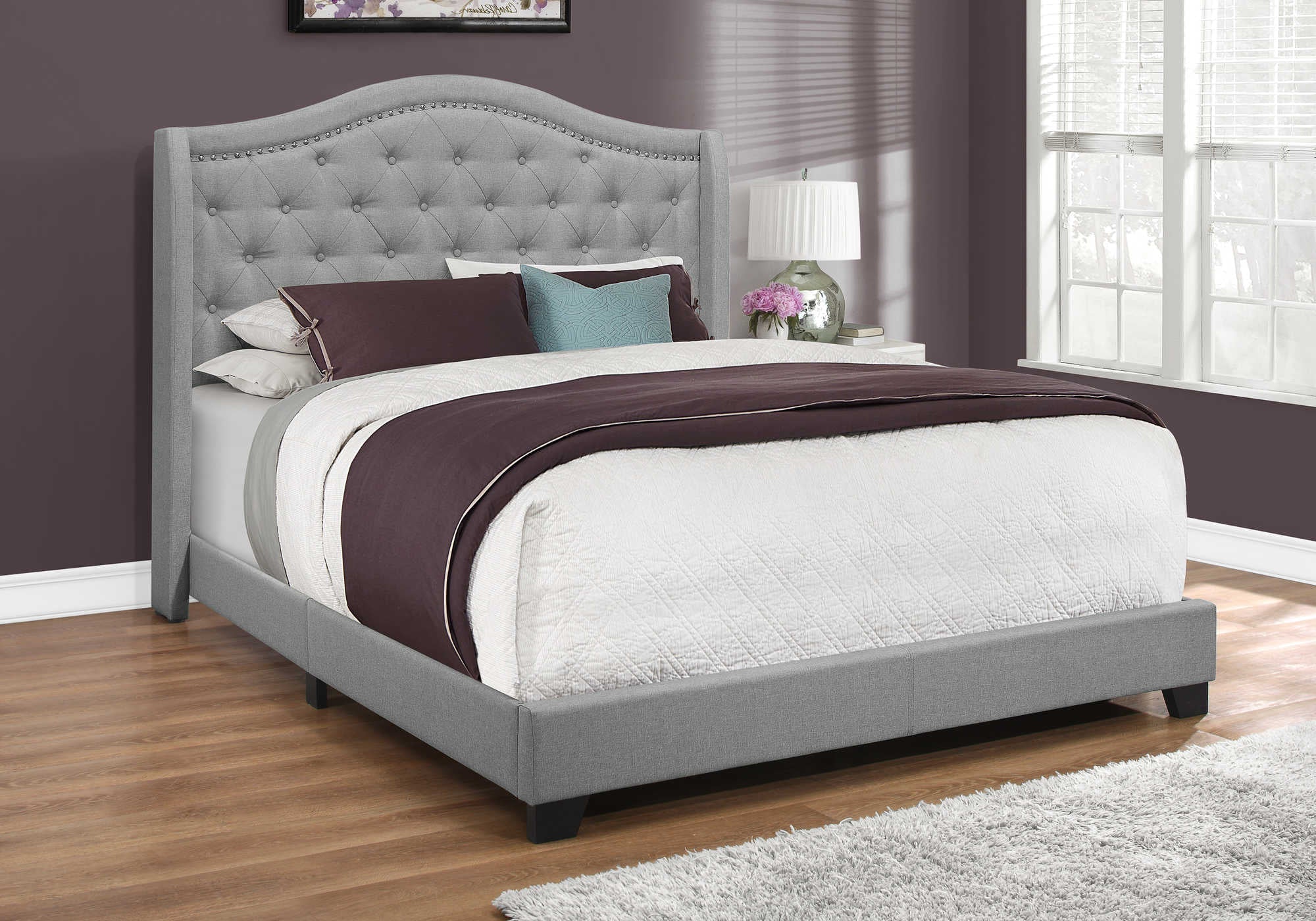 Queen Bed – Grey Linen Bed with Chrome Trim I 5966Q
